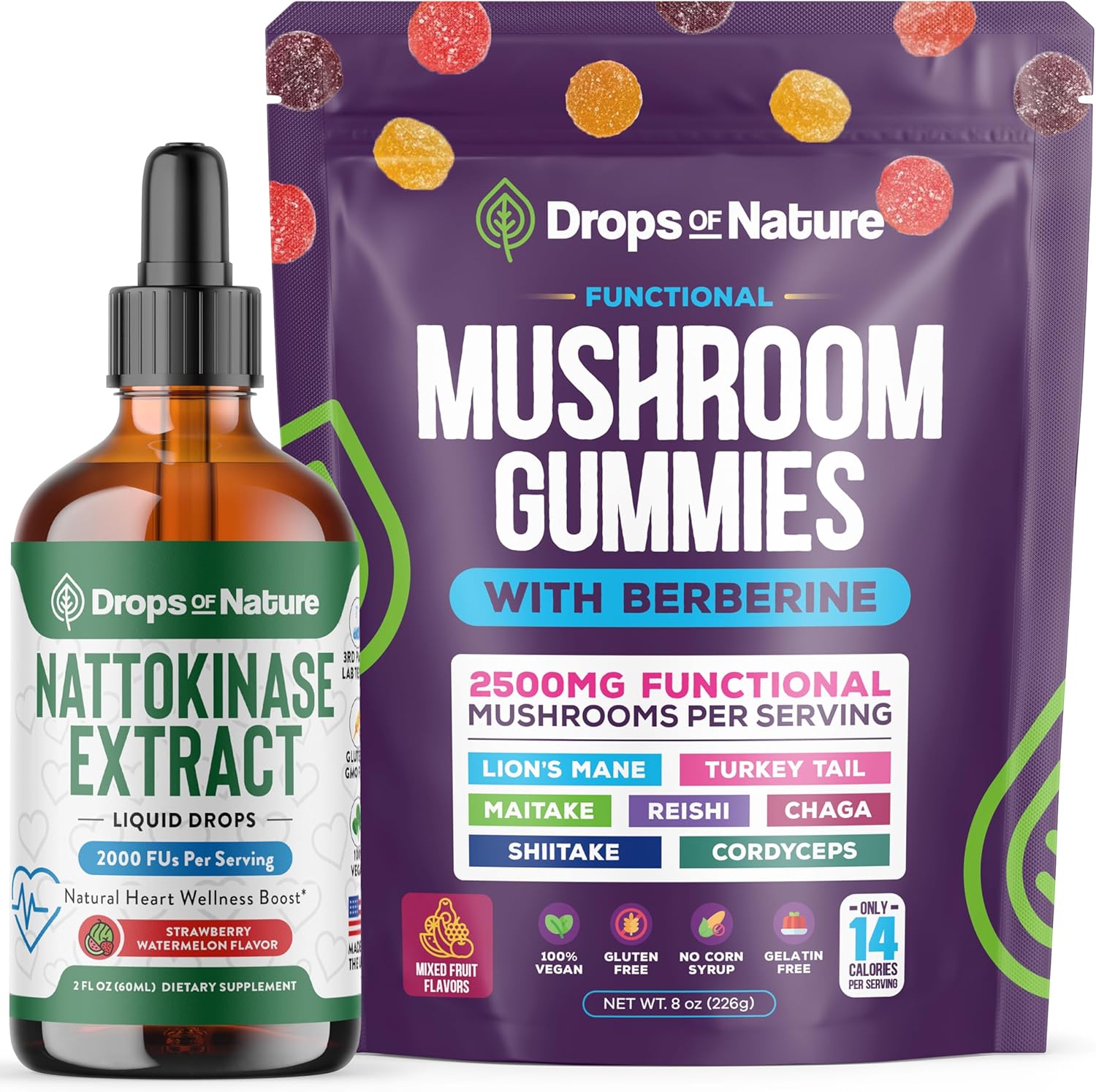 Drops Of Nature Nattokinase Liquid Drops (Strawberry Watermelon, 60 mL) & Mushroom Gummies with Berberine (60 Count, Mixed Fruits) – Vegan, Non-GMO, Gluten-Free – Heart Health, Immune Wellness Support Drops Of Nature Nattokinase Liquid Drops (Strawberry Watermelon, 60 mL) & Mushroom Gummies with Berberine (60 Count, Mixed Fruits) – Vegan, Non-GMO, Gluten-Free – Heart Health, Immune Wellness Support