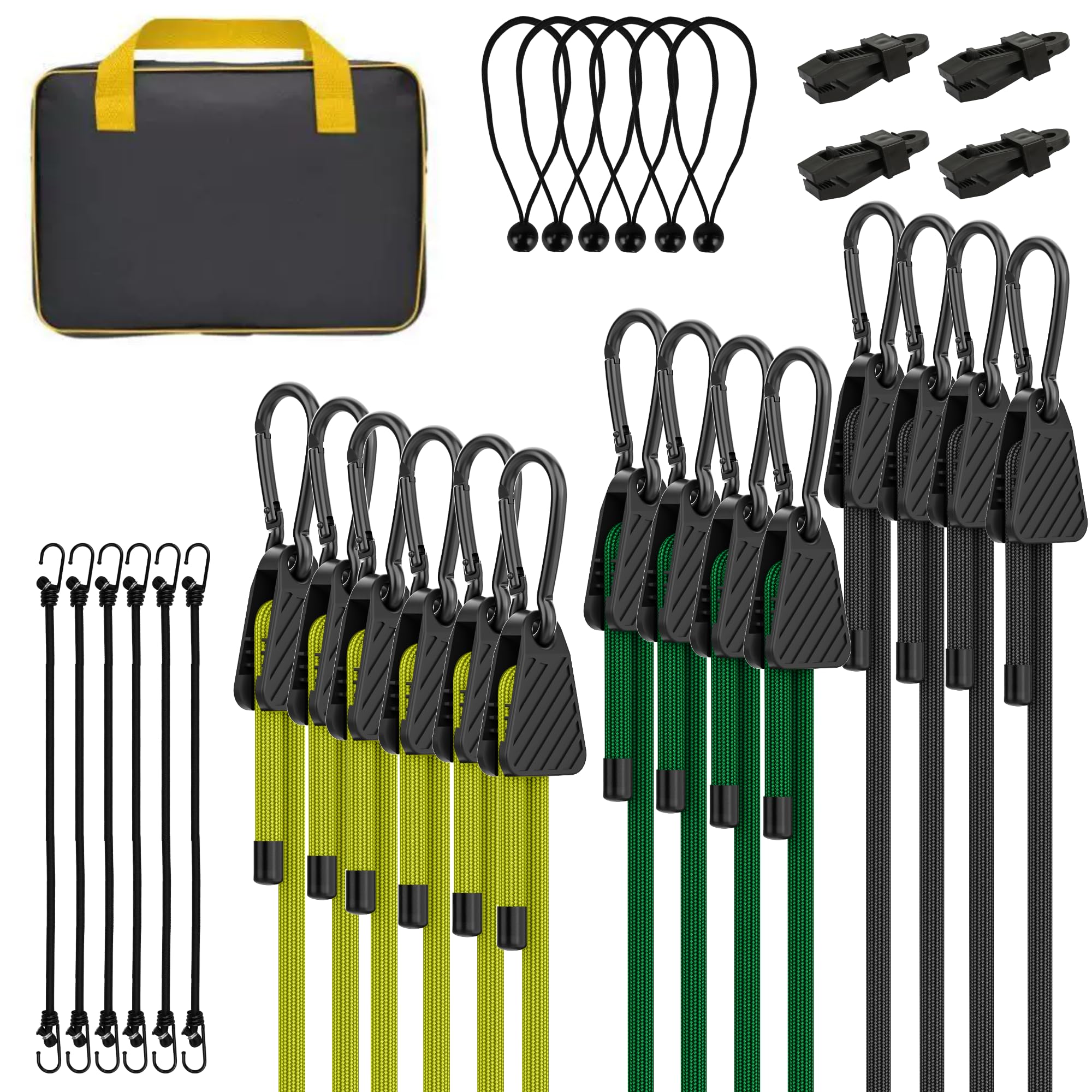 Rugtol Bungee Cords with Hooks, Upgrade 30pcs Assortment Outdoor with 60 80 120 cm Adjustable Bungee Cords, 25cm J Hooks Cord