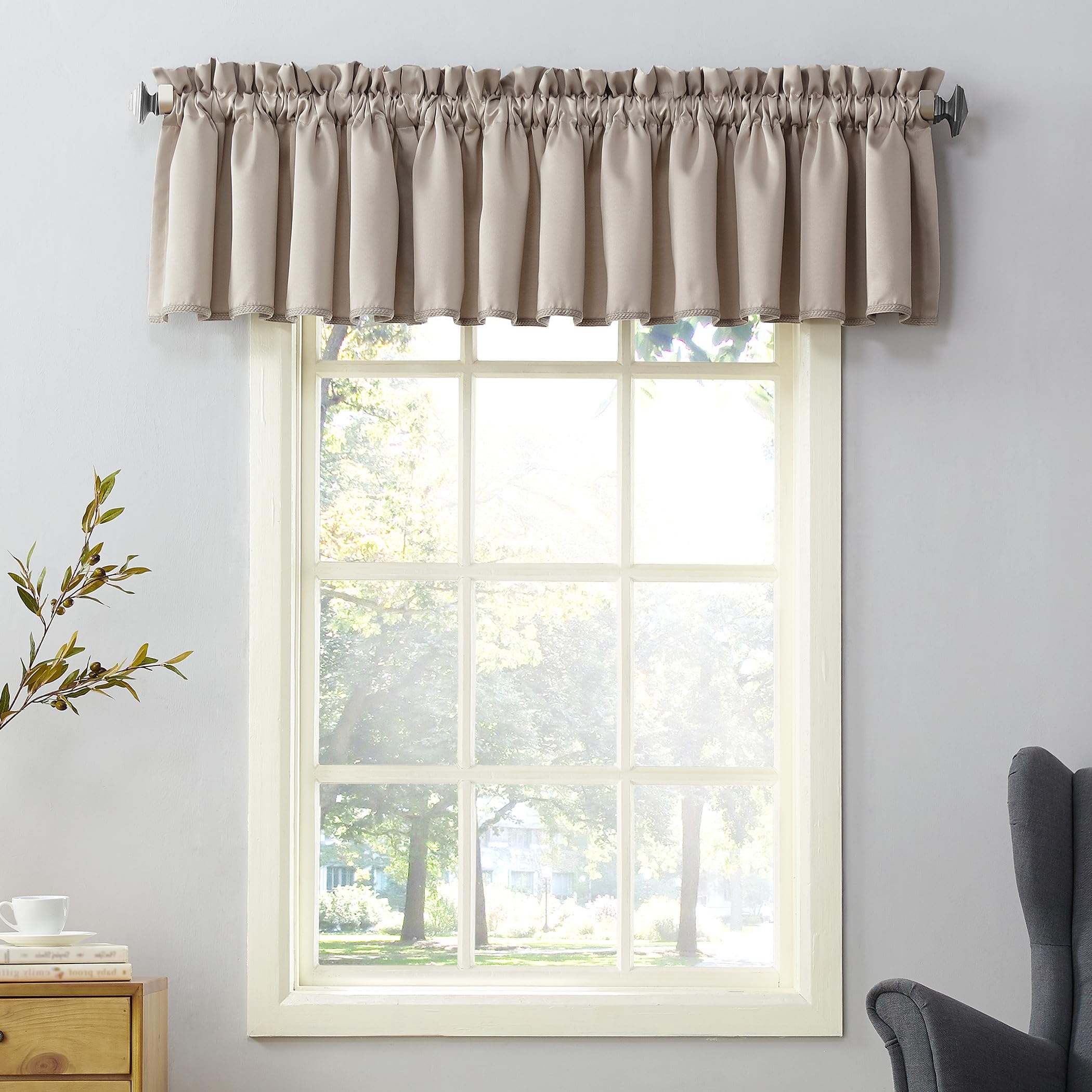 Sun Zero Barrow Solid Energy Efficient Rod Pocket Curtain Valance, 108" x 18", Stone