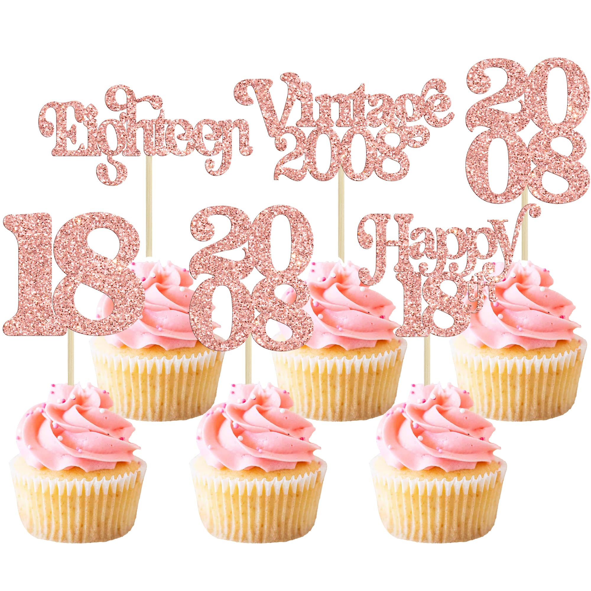 Gyufise 30Pcs 18th Birthday Cupcake Toppers Glitter Eighteen Vintage 2008 Adultish 18 Cupcake Picks Hello 18 Years Birthday Cake Decorations for Happy 18th Anniversary Party Supplies Rose Gold