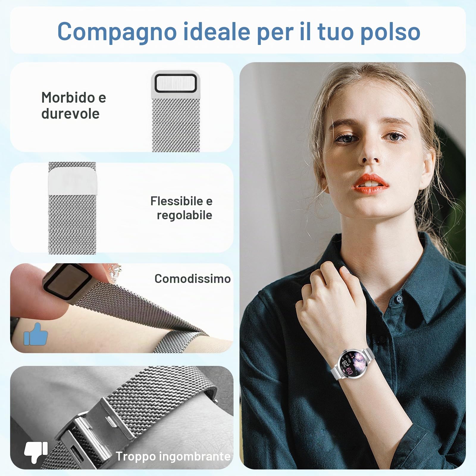 Efolen Smartwatch Donna Chiamate, 1.1" AMOLED Schermo Orologio Smartwatch con 110+ Sport, 24H Cardiofrequenzimetro/SpO2/Sonno, Orologi Sportivo IP68 Compatibile iOS Android Argenteo
