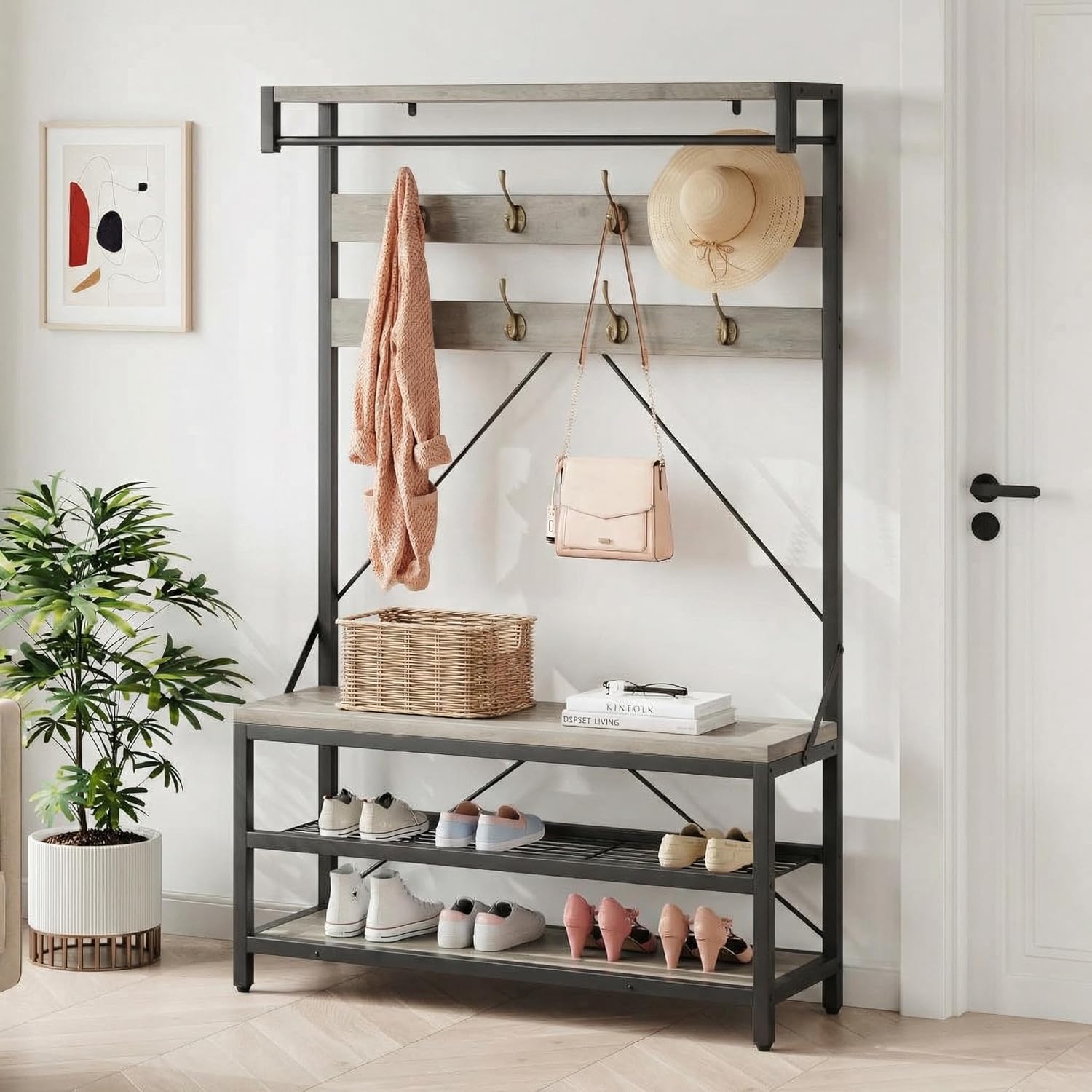 TROPOW Coat Rack, Shoe Bench Industrial Hall Tree Storage Bench for Entryway, Accent Large Shoe Rack with Storage Shelf Hanging Bar, 8 Hooks
