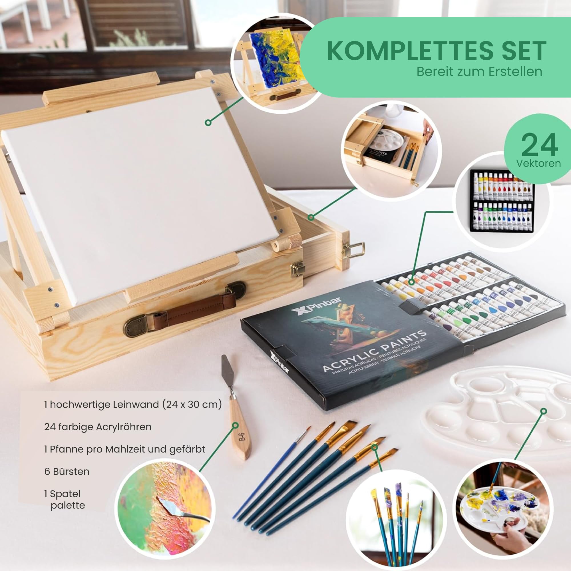Acryl-Malset, 34-teilig, Staffelei, Holzkoffer, tragbar, 24 Tuben, 12 ml, lebendige Farben, Leinwand, 24 x 30 cm, 6 Pinsel, Spachtel, Palette, komplettes Set, Erwachsene, Kinder, Anfänger
