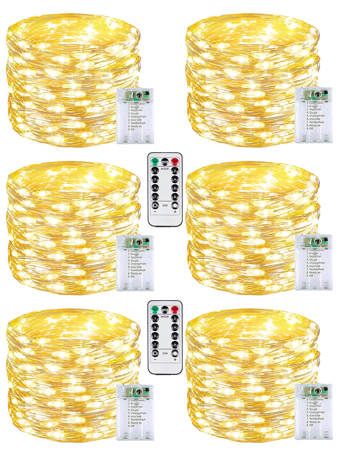 6 Pack 60LED Christmas Battery Operated Fairy Lights with Remote, 8 Modes String Lights with Timer, Dimmable, Memory Function, Waterproof Twinkle