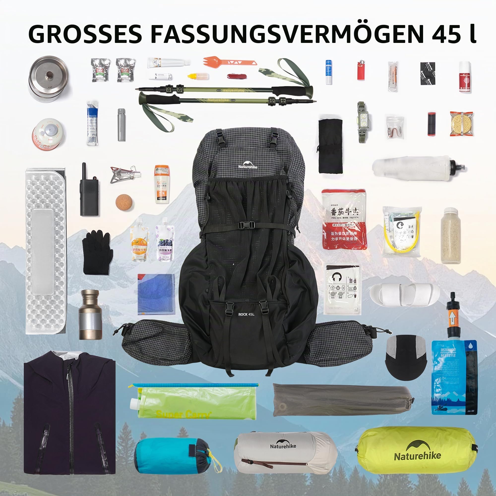 Naturehike Rock 2.0 Upgraded 45L Rucksack Interner Rahmen Wanderrucksack Damen mit Regenhülle Trekkingrucksacke für Outdoor Camping Reisen Backpacking(Schwarz 45l/M)