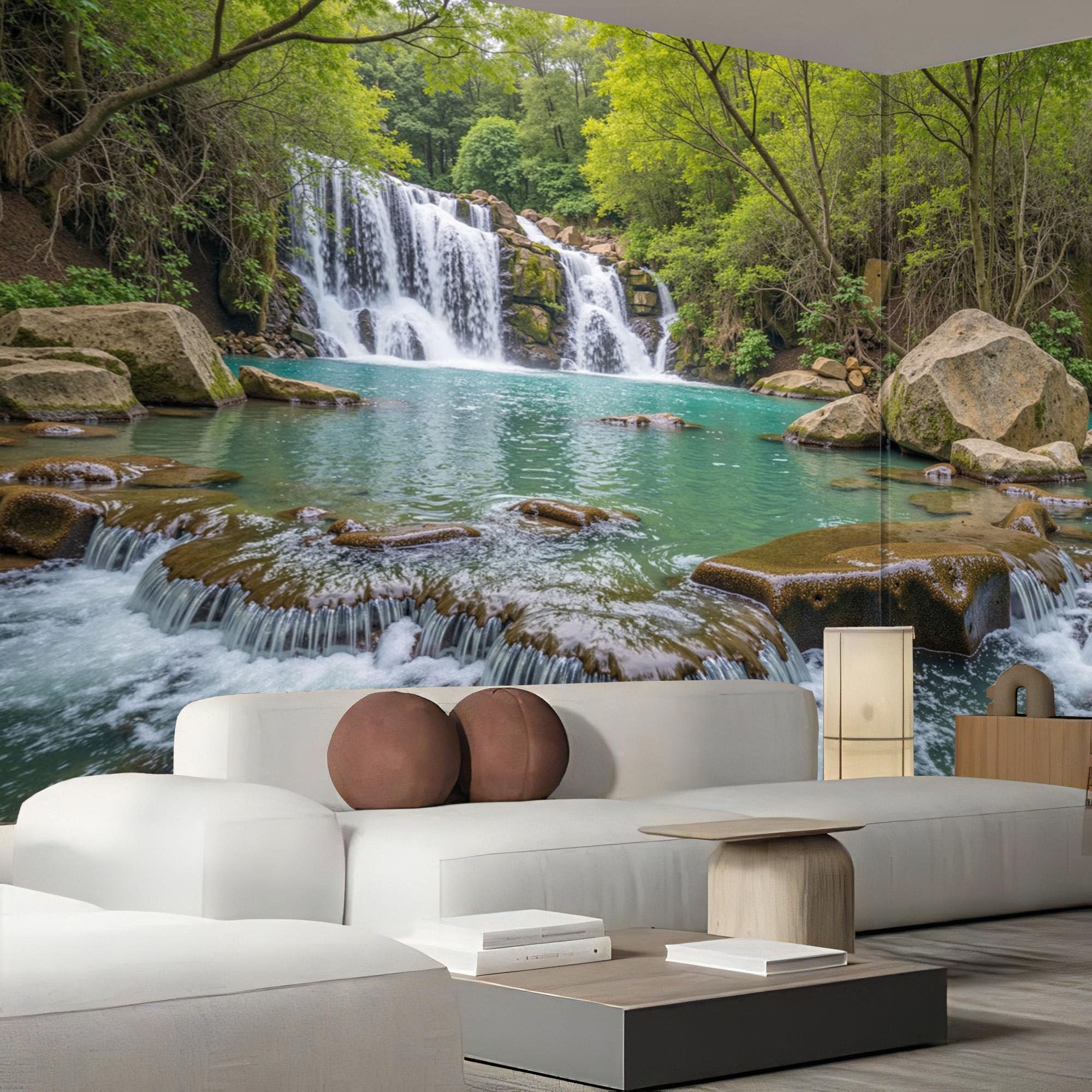 Papier peint panoramique 3D cascade et forêts verdoyantes salon 350x256cm