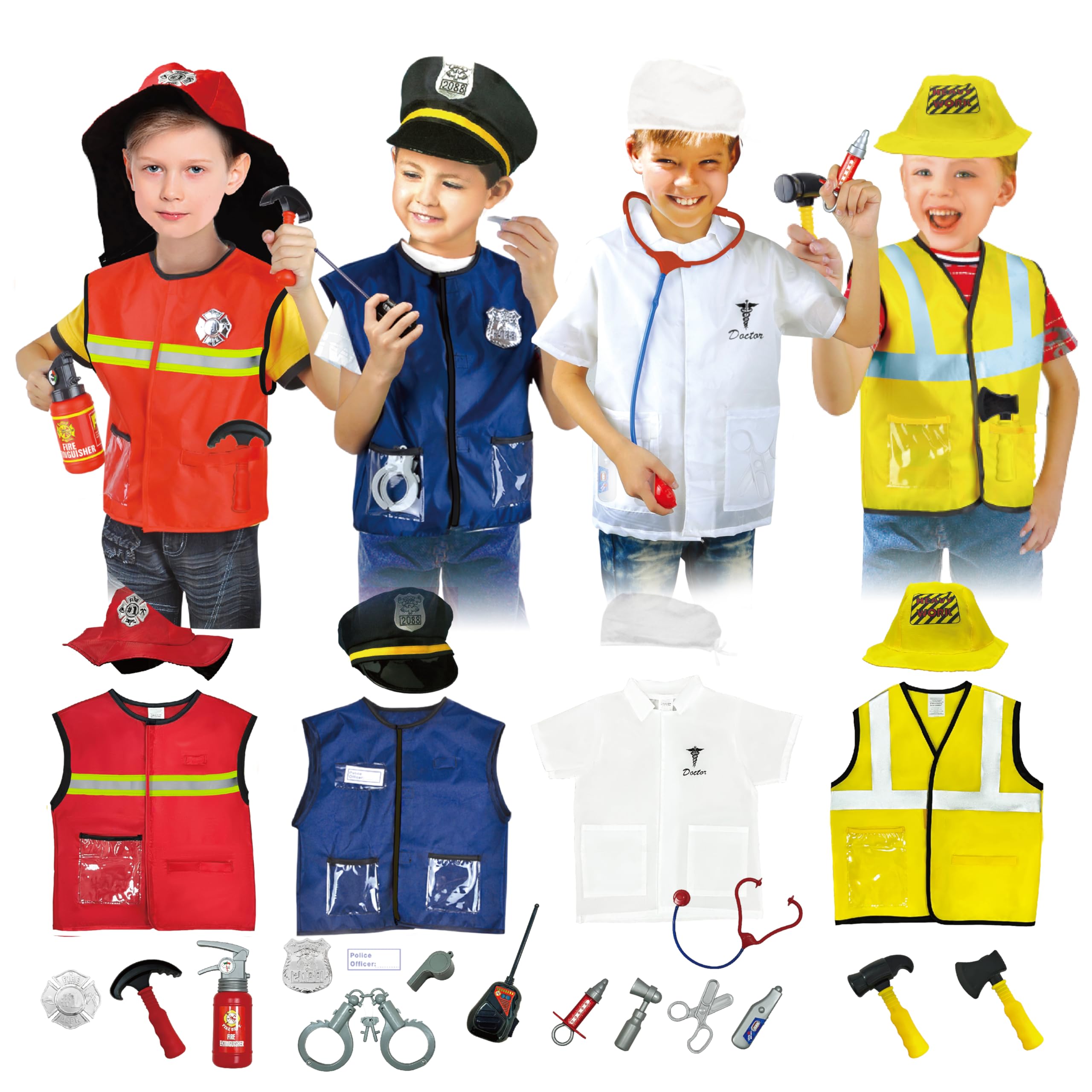Lesheng space 4 Sets Dress Up Clothes for Kids, Pretend Dress Up Trunk of Firefighter costume/Doctor/Policeman/Construction Worker Role Play Set with
