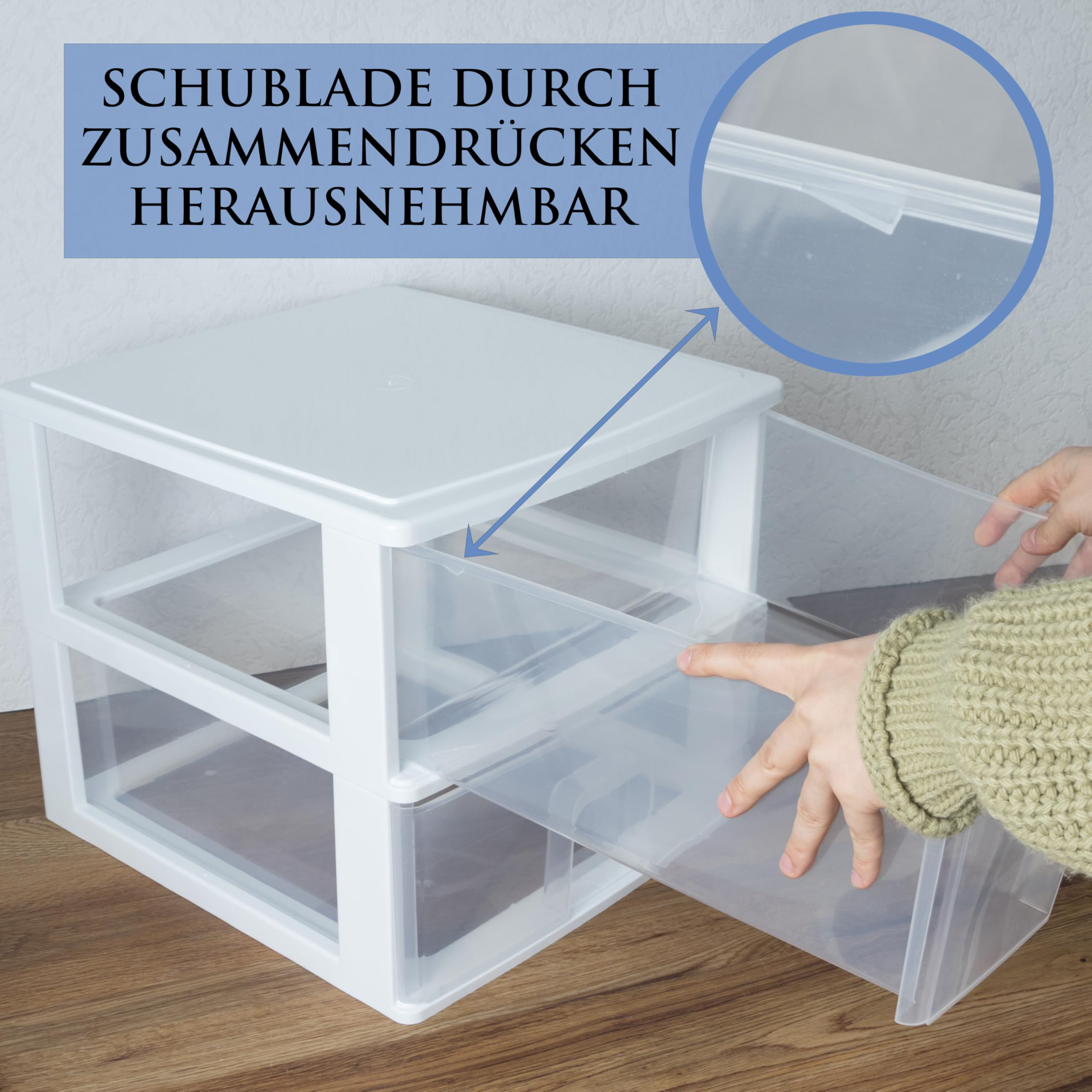 Schubladenbox DIN A4 mit 4 Schubladen 35,5x26,5x35 cm - schwarz-transparent Kunststoff Drawer Tower Box Organizer für Schreibtisch Easy-Pull-System