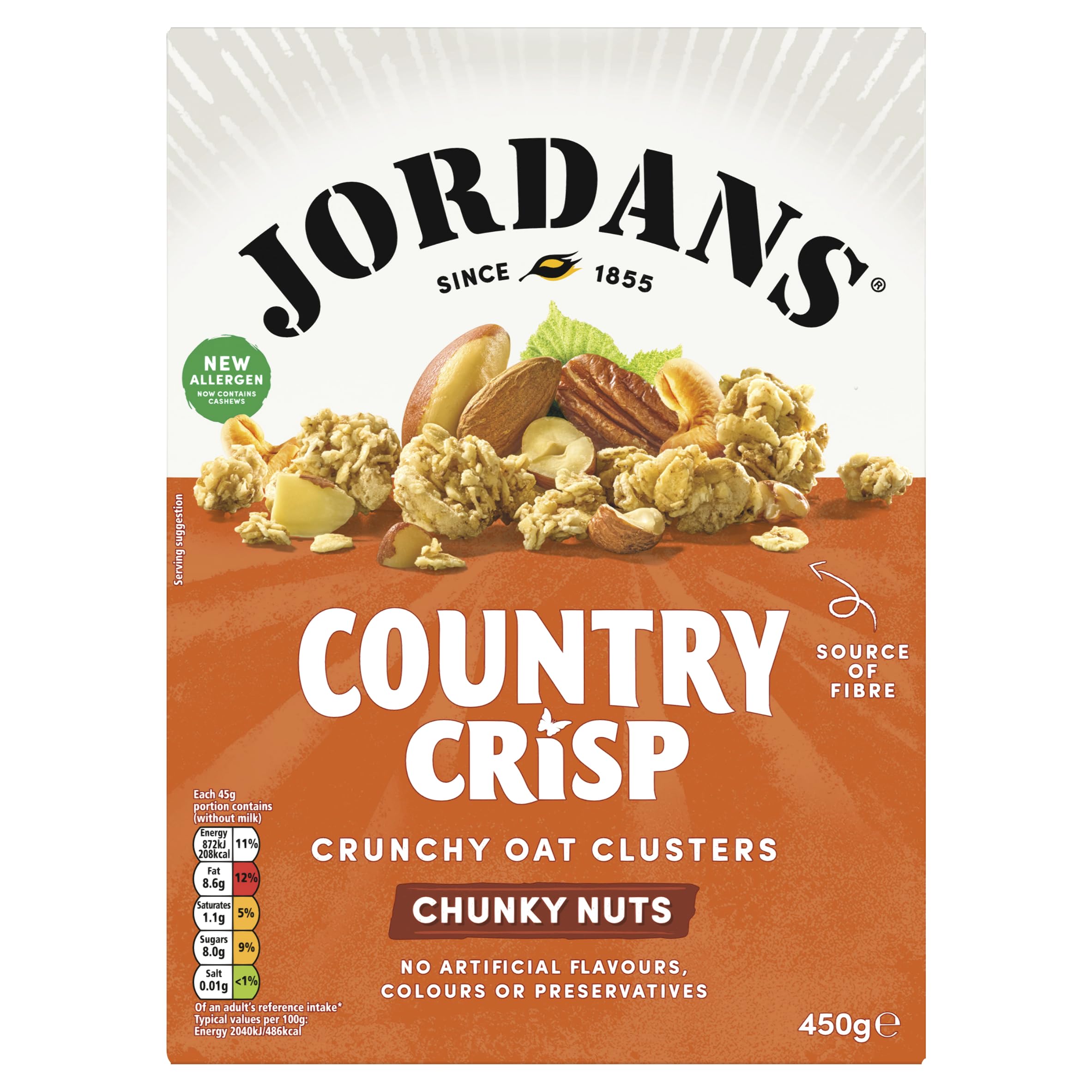 Jordans Country Crisp Chuncky Nuts Breakfast Cereal - Oat and Barley Clusters with Almonds, Cashews, Hazelnuts & More - No Artificial Flavours or Preservatives - British Baked Cereal - 450g