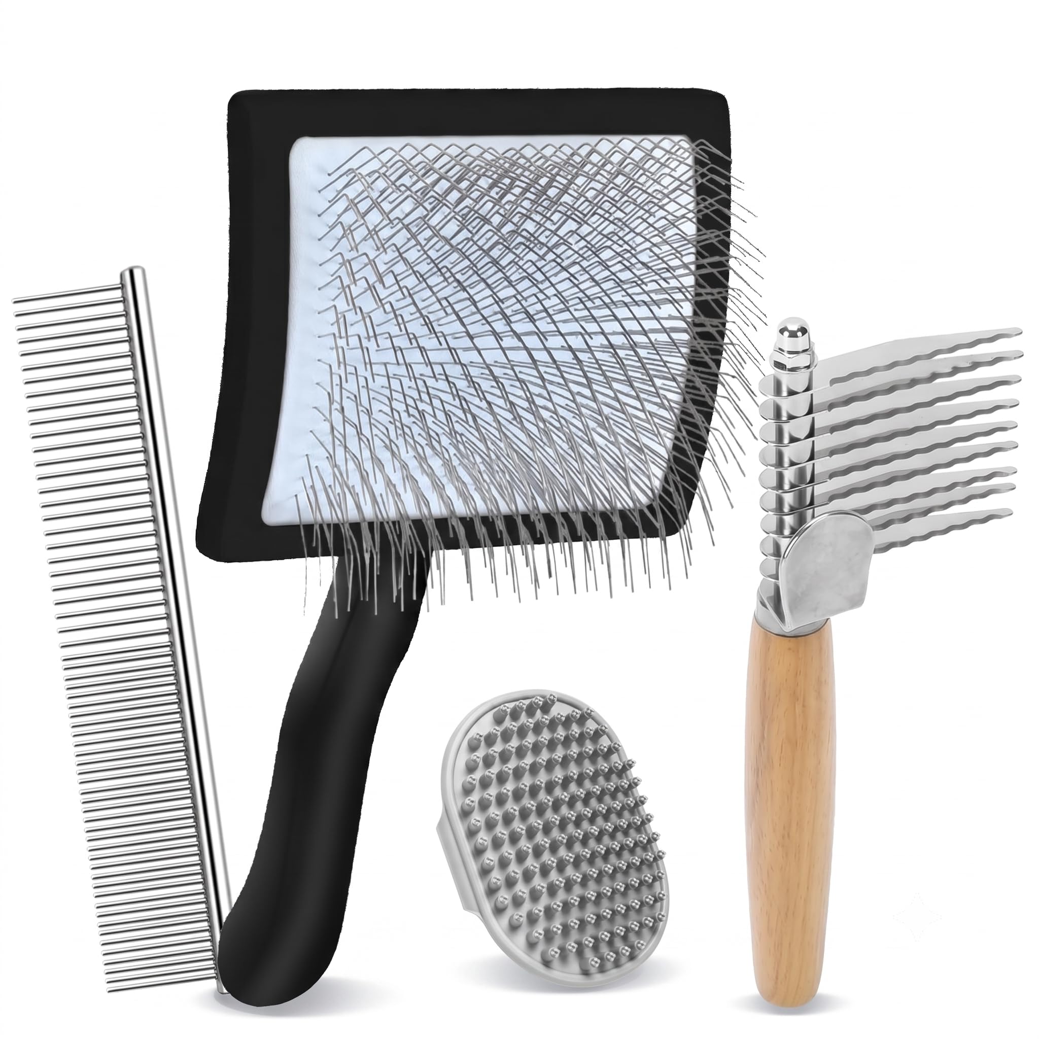 COZYGIFT 4 PCS Large Slicker Brush for Long Hair Dogs & Cats, Goldendoodles, Doodles & Poodles, Dog Brush for Shedding with Grooming Comb and Stainless Steel Pet Comb, Black