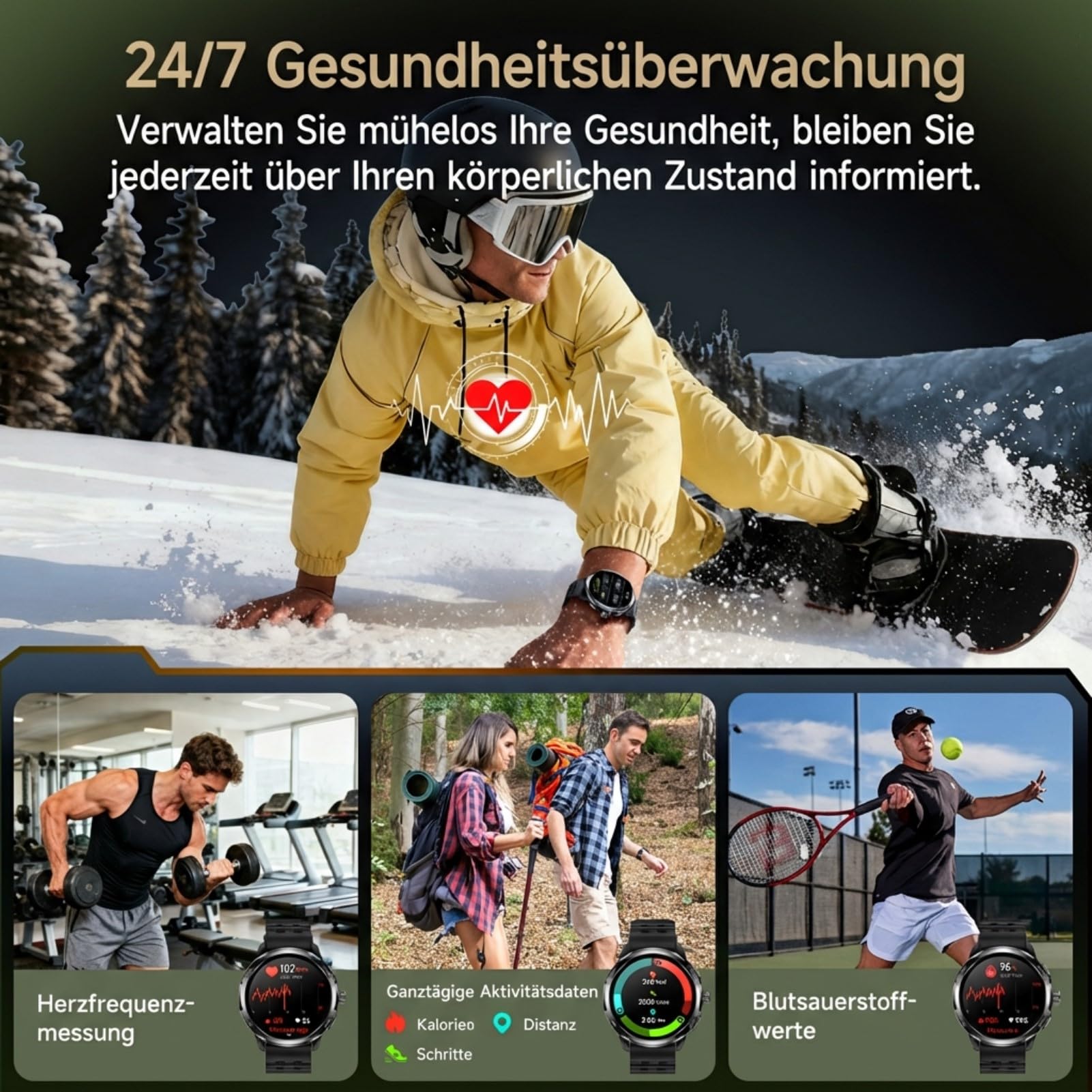 Ulefone Armor Watch Pro Smartwatch Herren,IP68 Militär Wasserdicht Fitnessuhr mit GPS/Kompass/ChatGPT/Bluetooth Anrufe,Sportuhr 100+ Sportmodi, 24/7 Herzfrequenz,Schlafmonitor für Android IOS