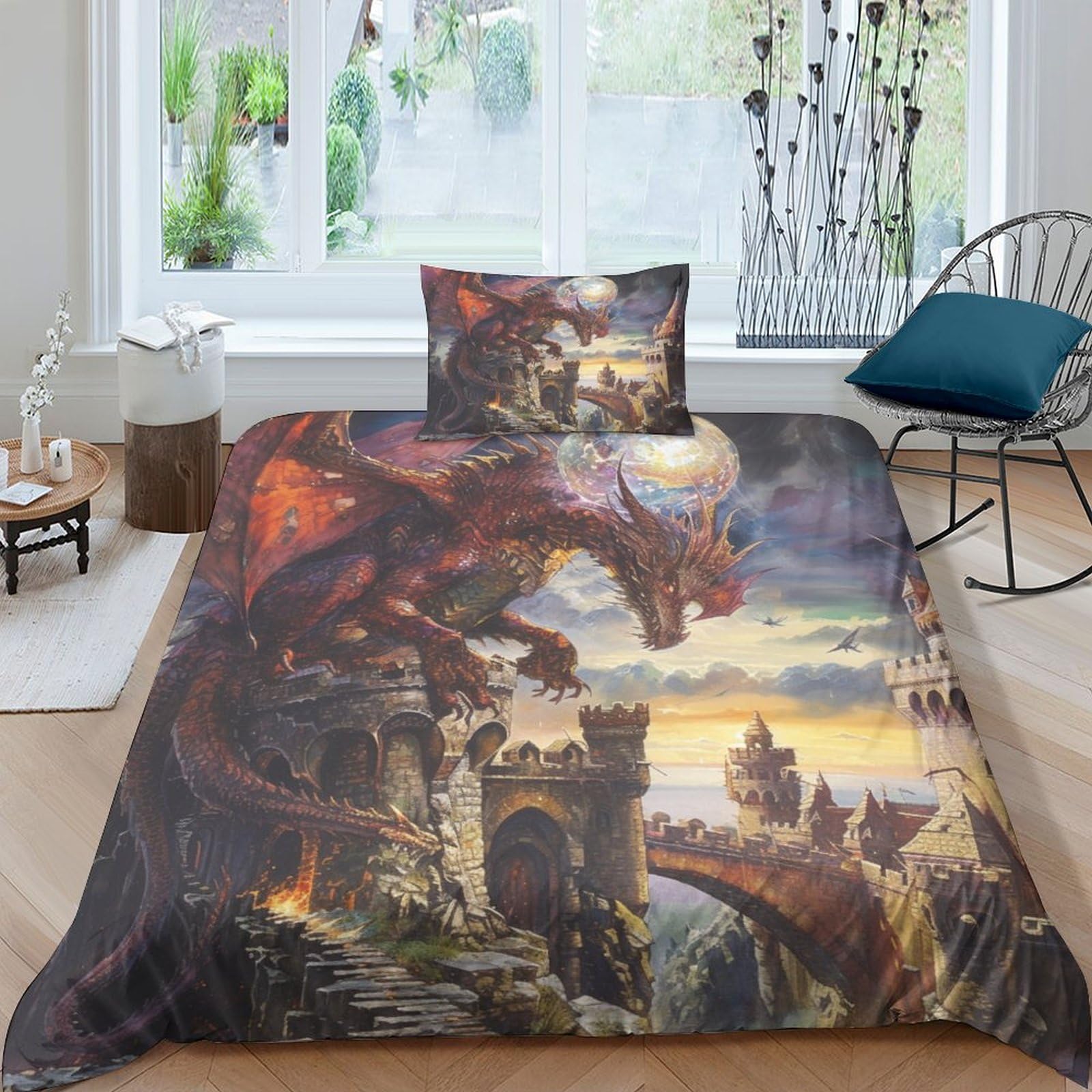 Housse de couette dragon 3D facile d'entretien pour lit d'adolescent