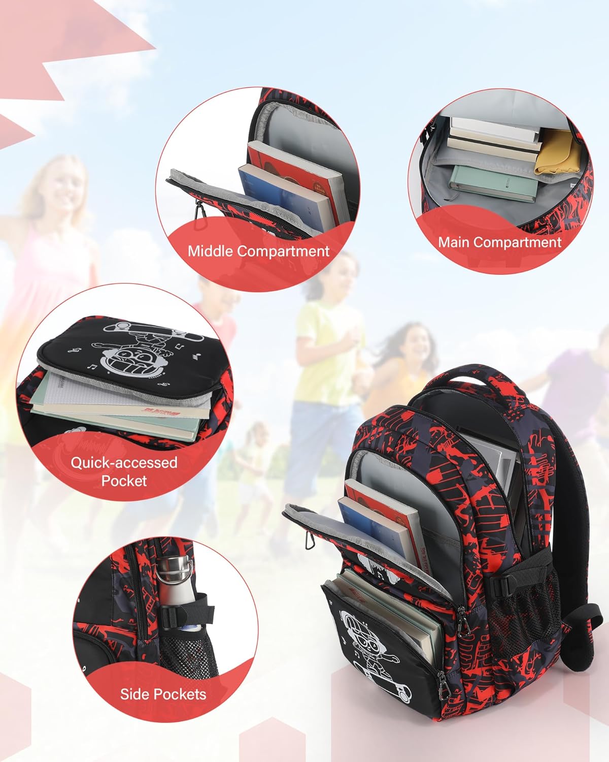 School Backpack for Boys Backpacks for Kids Camo Bookbag Teens Middle School Bags Waterproof Travel Backpack-Red