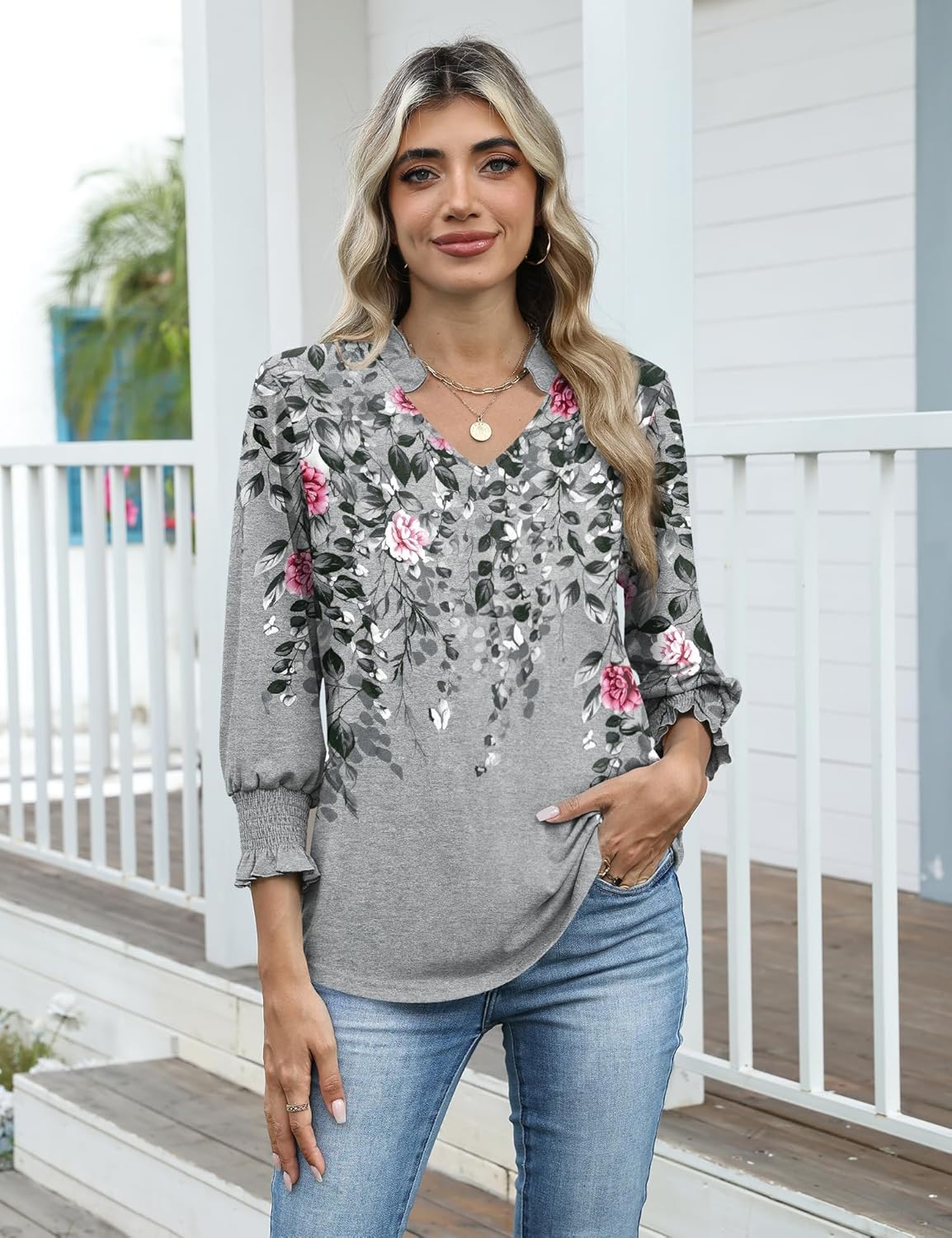 Kistore Tops for Women Dressy Casual 3/4 Length Sleeve Blouses with Pleated Cuffs 2026 Trendy Shirts - Image 4