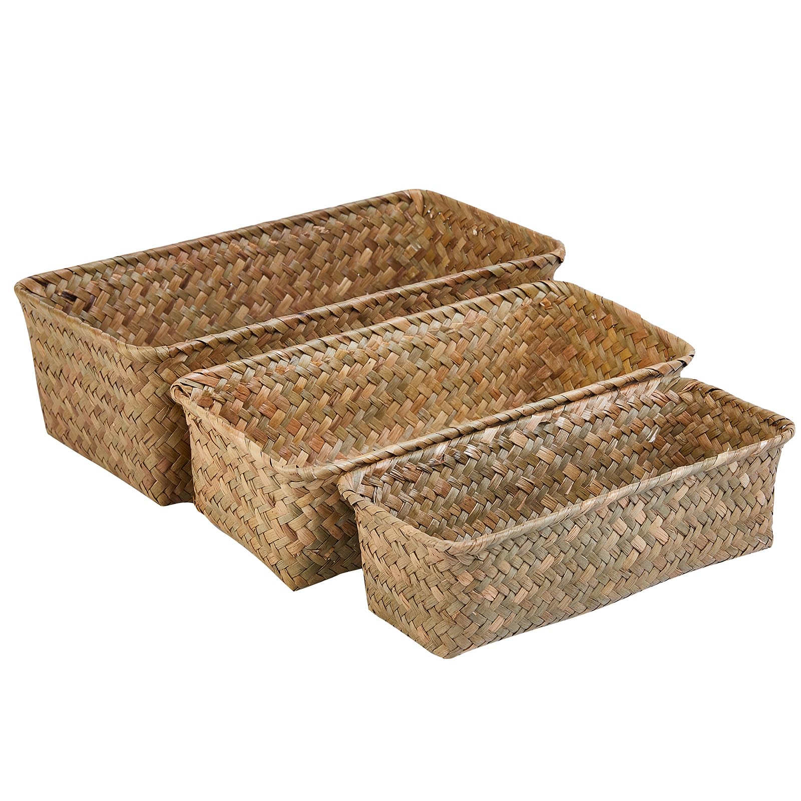 Set of 3 Seaweed Baskets Seagrass Storage Hand- Woven Storage Basket Bins Container Organizer for Shelf Desktop Home Decor