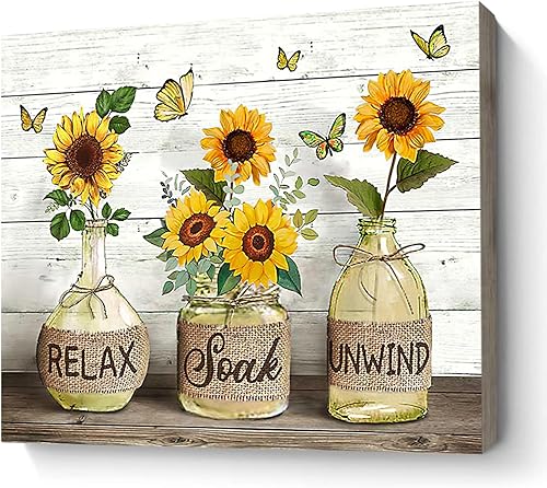 Decoración de baño de granja, arte de pared, arte rústico para baño, girasol en tarro de masón, imagen temática Relax Soak Unwind, lienzo con fondo