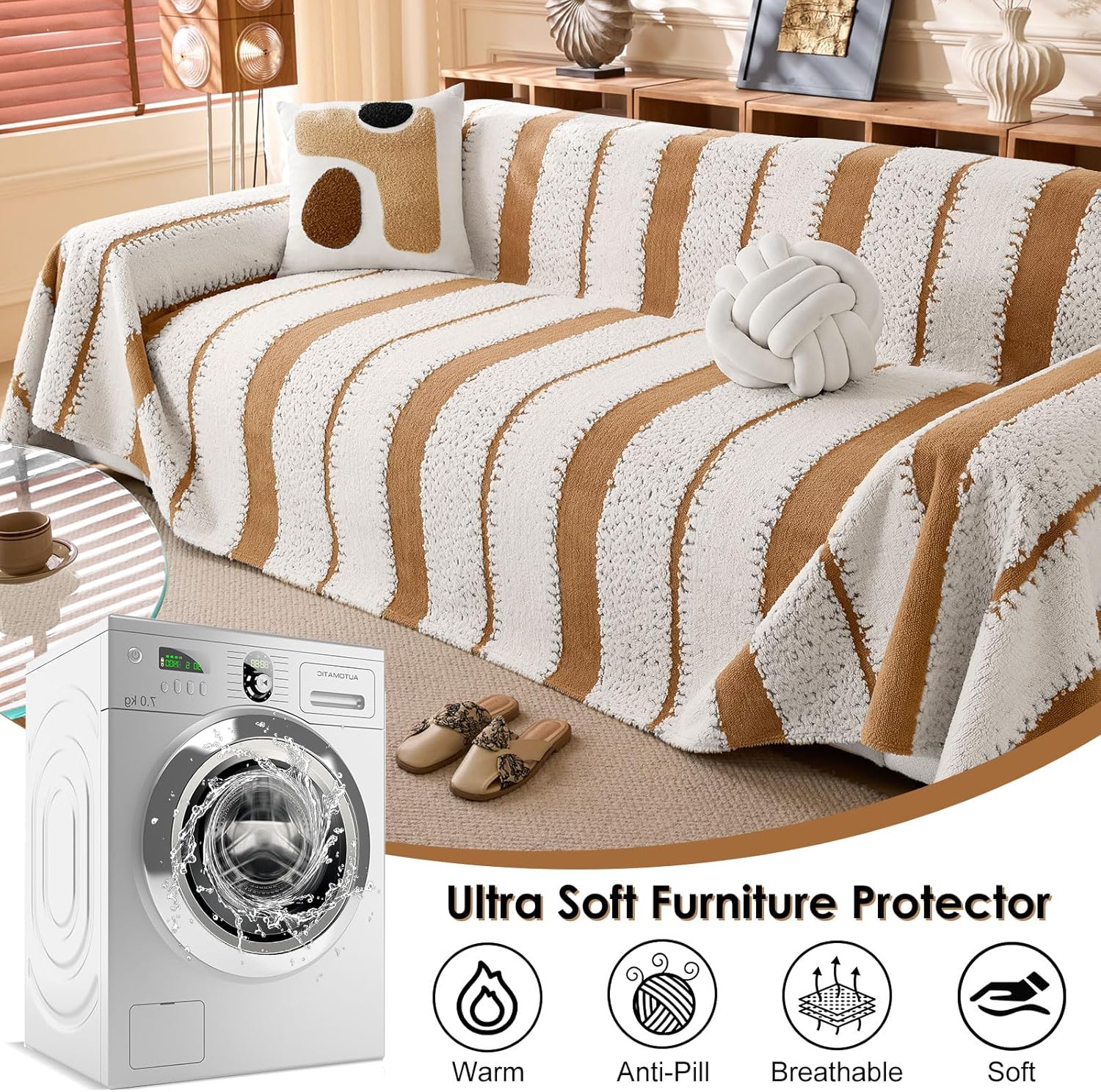 Couch Cover for 2-3 Cushion Couch Sofa Pet Friendly, Boho Sectional L Shaped Sofa Cover Washable for Dogs Cats Kids, Leather Furniture Protector Slipcover Decor for Living Room (Brown, 71"*102")