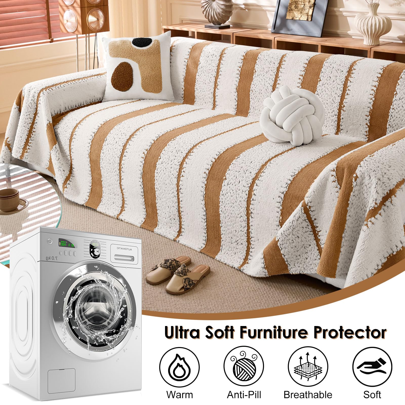 OKYUK Boho Chenille Sofa Cover 2/3/4 Seater & Corner Sofa - Washable, Tassel Design, Pet-Friendly, Breathable, All-Season Multi-use Living Room
