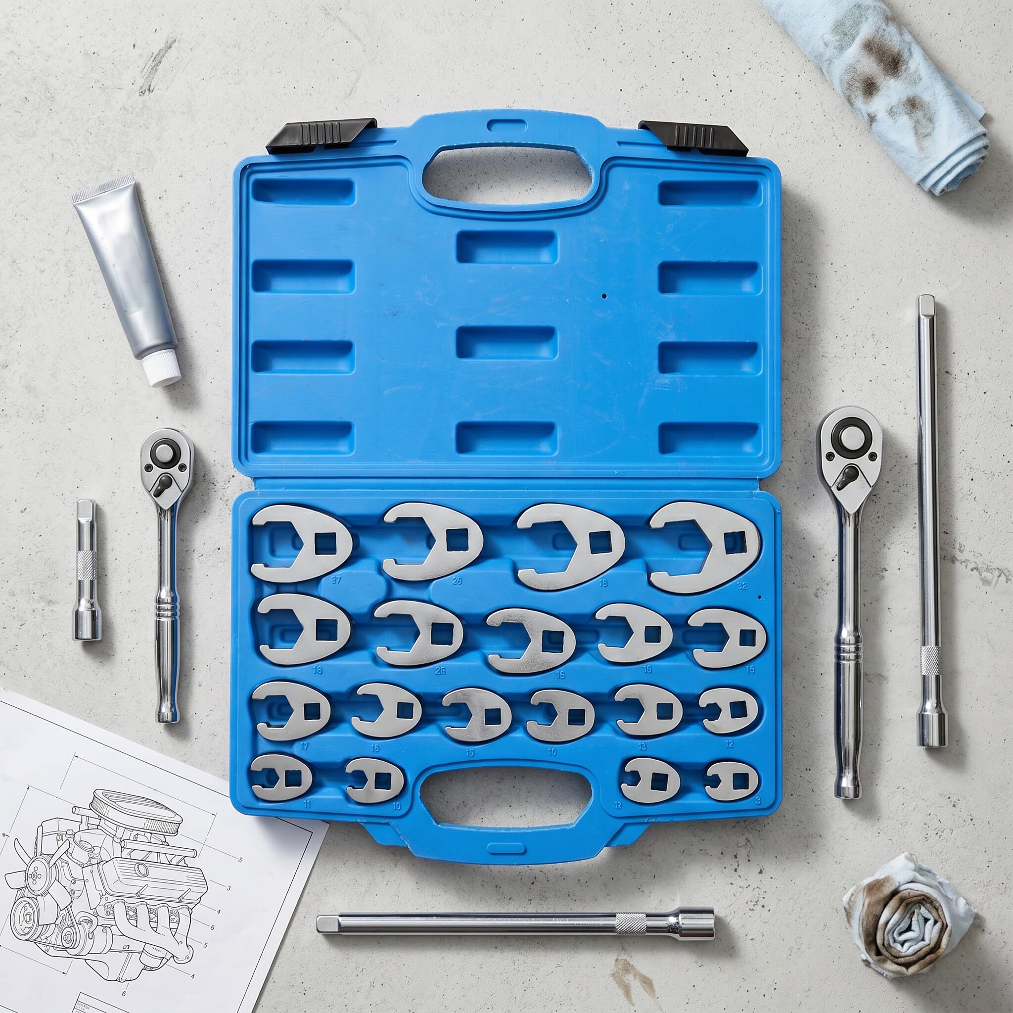 Juego de Llaves Métricas de Acero Cromo-Molibdeno, Llave de Pie de Cuervo con Tuerca Llamarada Azul, para Servicio de Vehículos
