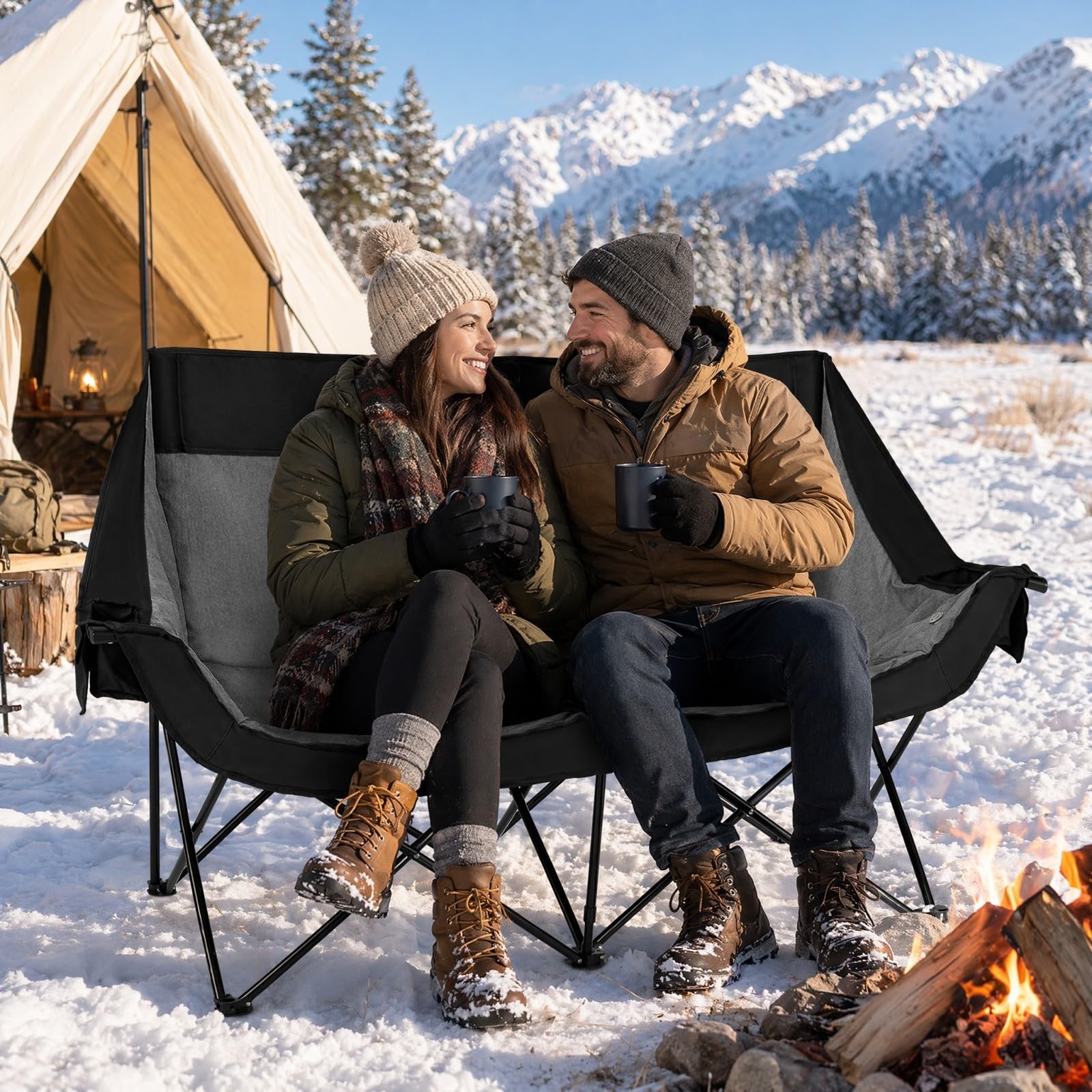 GOPLUS Silla de Camping para 2 Personas con Calefacción,Carga 300 kg | Sillón Plegable Acolchado con 3 Niveles de Calefacción, Portavasos, Bolsillos y Bolsa de Transporte para Campaña y Jardín