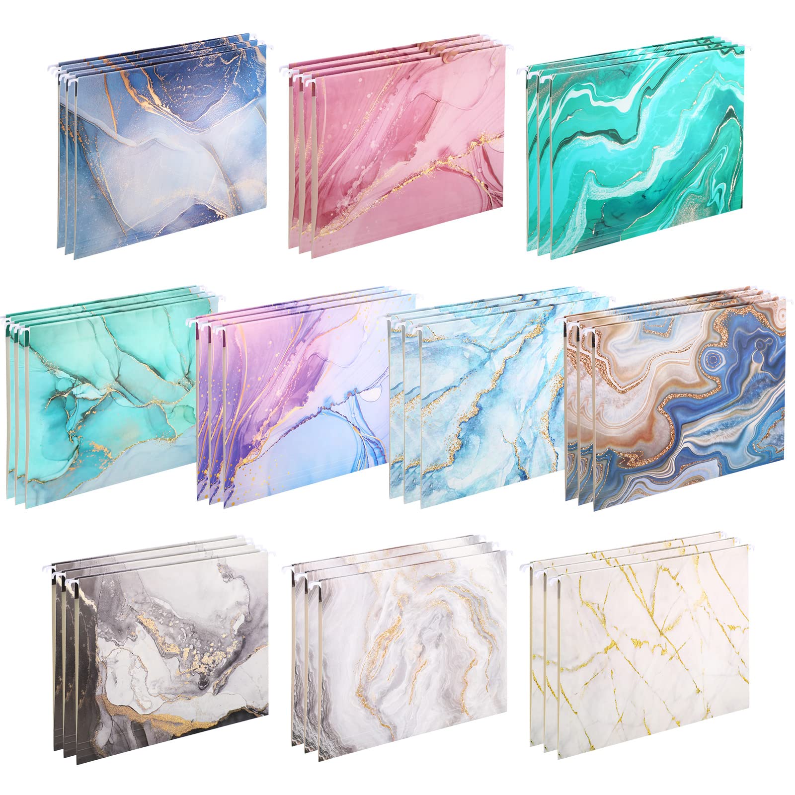 30 Pcs Marble Hanging Folders with Foil Stamping Process, Including Adjustable Tabs and Inserts, Letter Size Decorative Hanging Folders Filing Folders for Desk Office School and Home