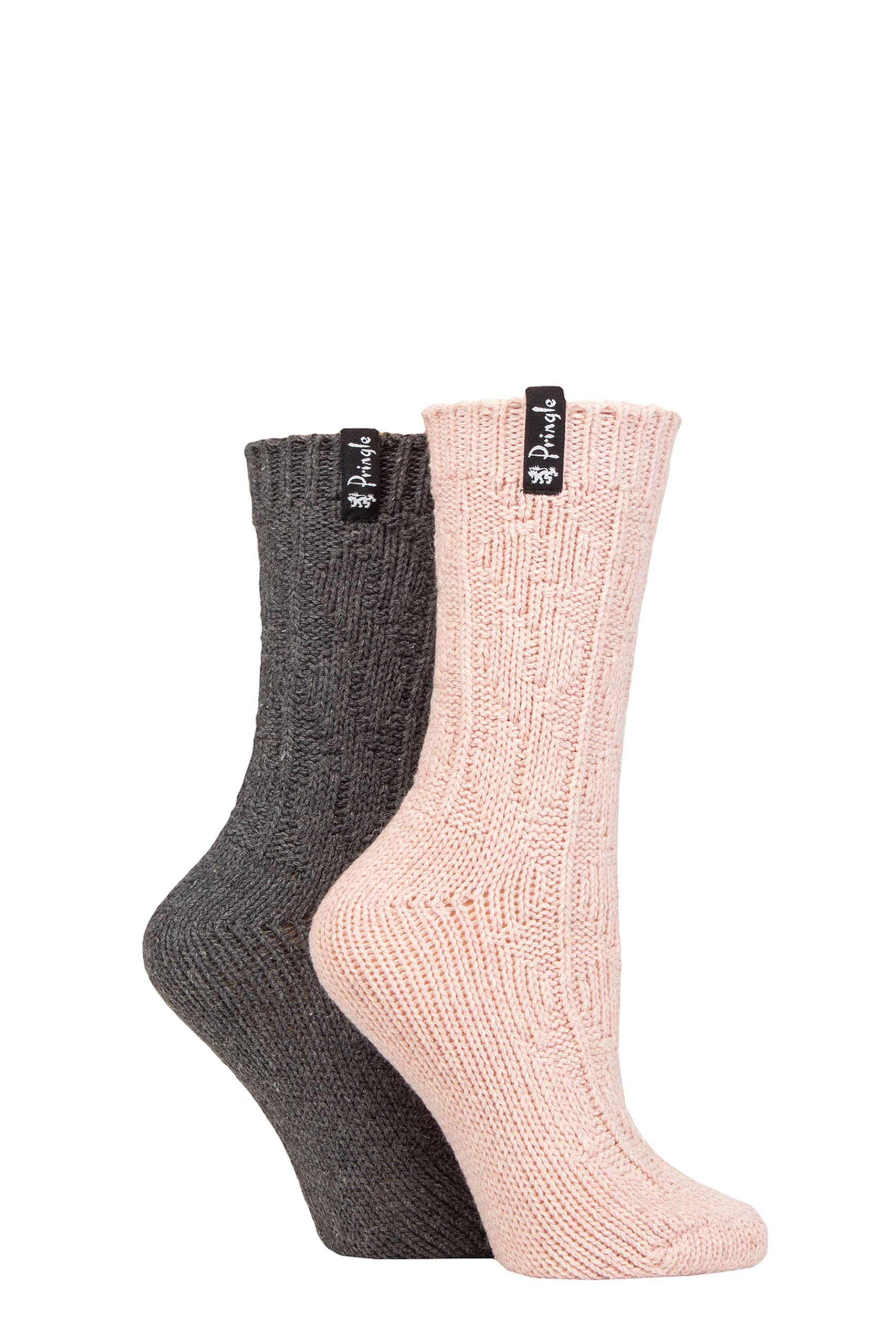 Pringle Of Scotland Women's Cable Light Pink/Charcoal Pringle Boot Socks Plain Classic Fashion Outdoors Walking 2 Pair Pack - 4-8