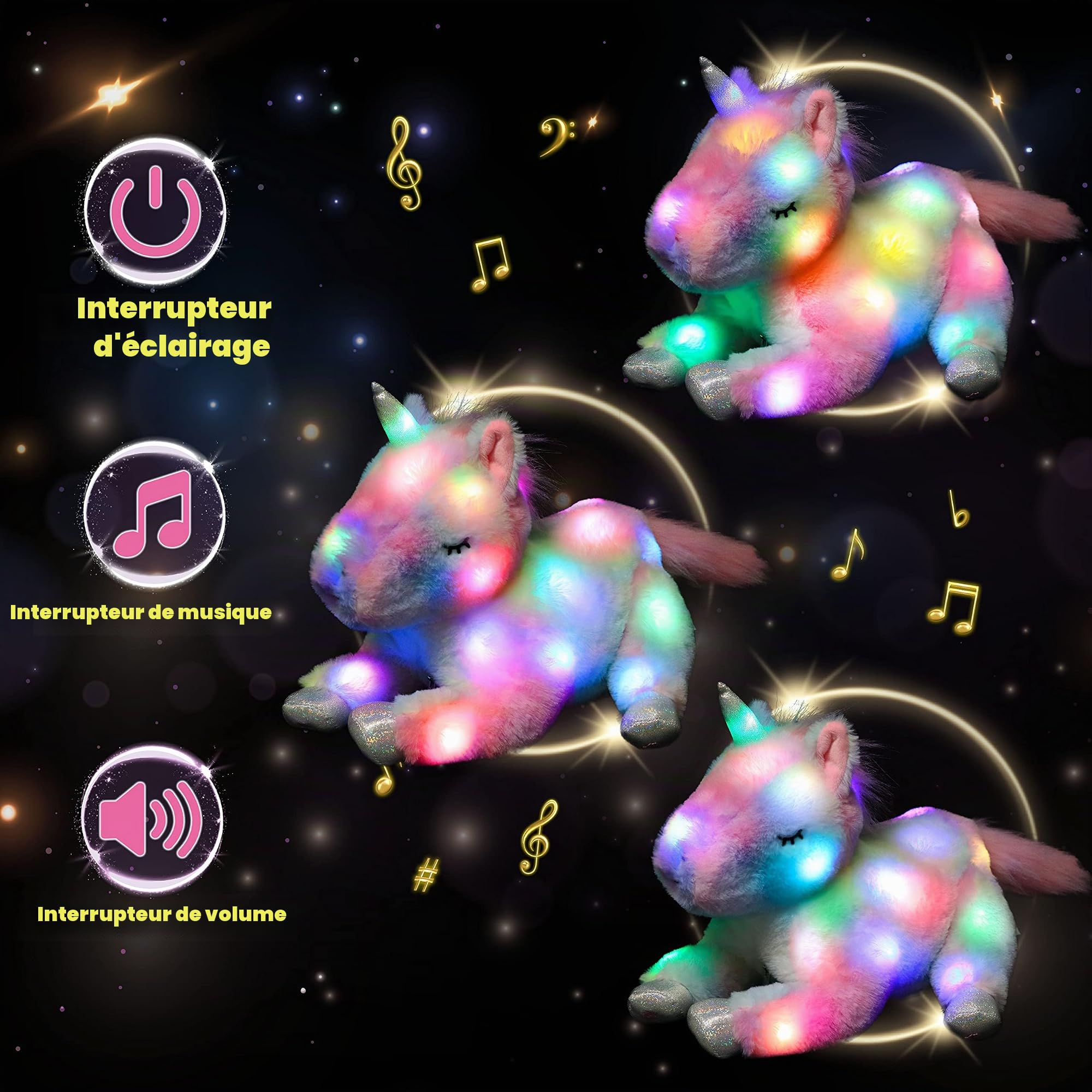 Hopearl Licorne Maman Musicale Peluche Lumineuse LED Qui Chante avec 3 Bébés Licornes dans Son Ventre Veilleuse Animée Apaisante - Cadeau Fête des Mères Filles, Arc-en-Ciel, 48cm