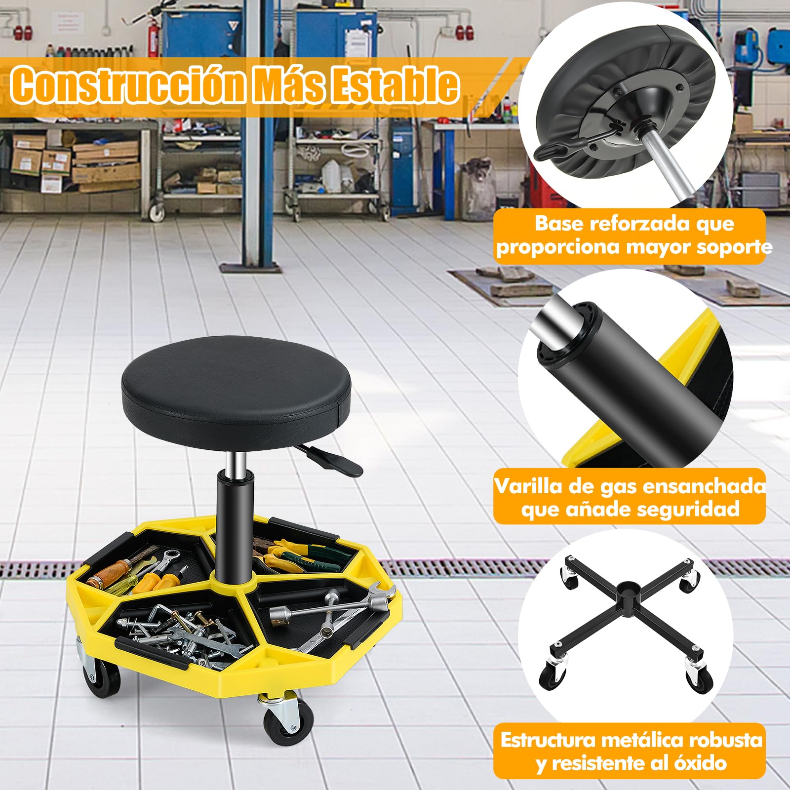 GOPLUS Taburete de Mecánico con 4 Ruedas, Taburete de Taller con Bandeja de Herramientas, Carga 150 kg, 50,5 x 50,5 x 41-55 cm, Ajustable, Asiento Mantenimiento para Coches Garaje (Negro + Amarillo)