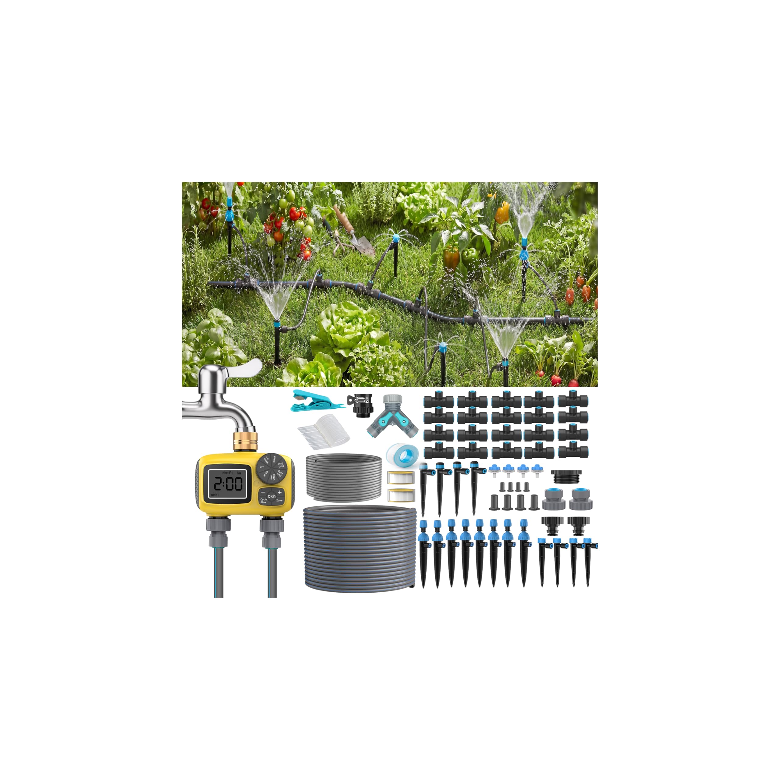 TRJZWA Bewässerungssystem mit 2 Auslässen für Garten, Gewächshaus, Gemüsebeete, Bewässerungscontroller steuert die großflächige Bewässerung und Besprühung, ausgestattet mit 4 verschiedenen Sprühdüsen