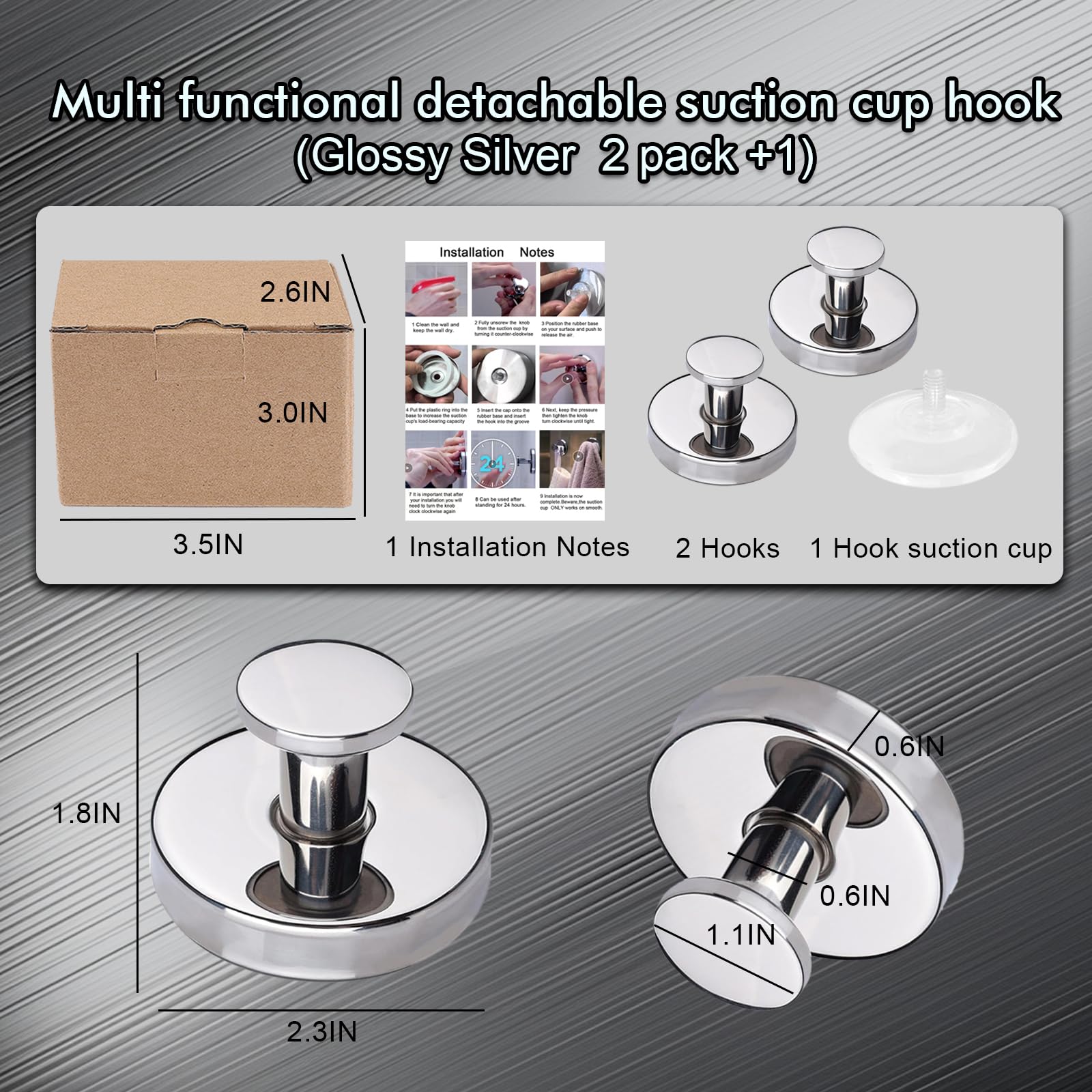 Removable Suction Cup Hooks for Shower - No Drill Towel Hooks for Robe, Loofah - Stainless Steel Waterproof Self Adhesive Hooks for Bathroom (2 Pack Glossy Silver)