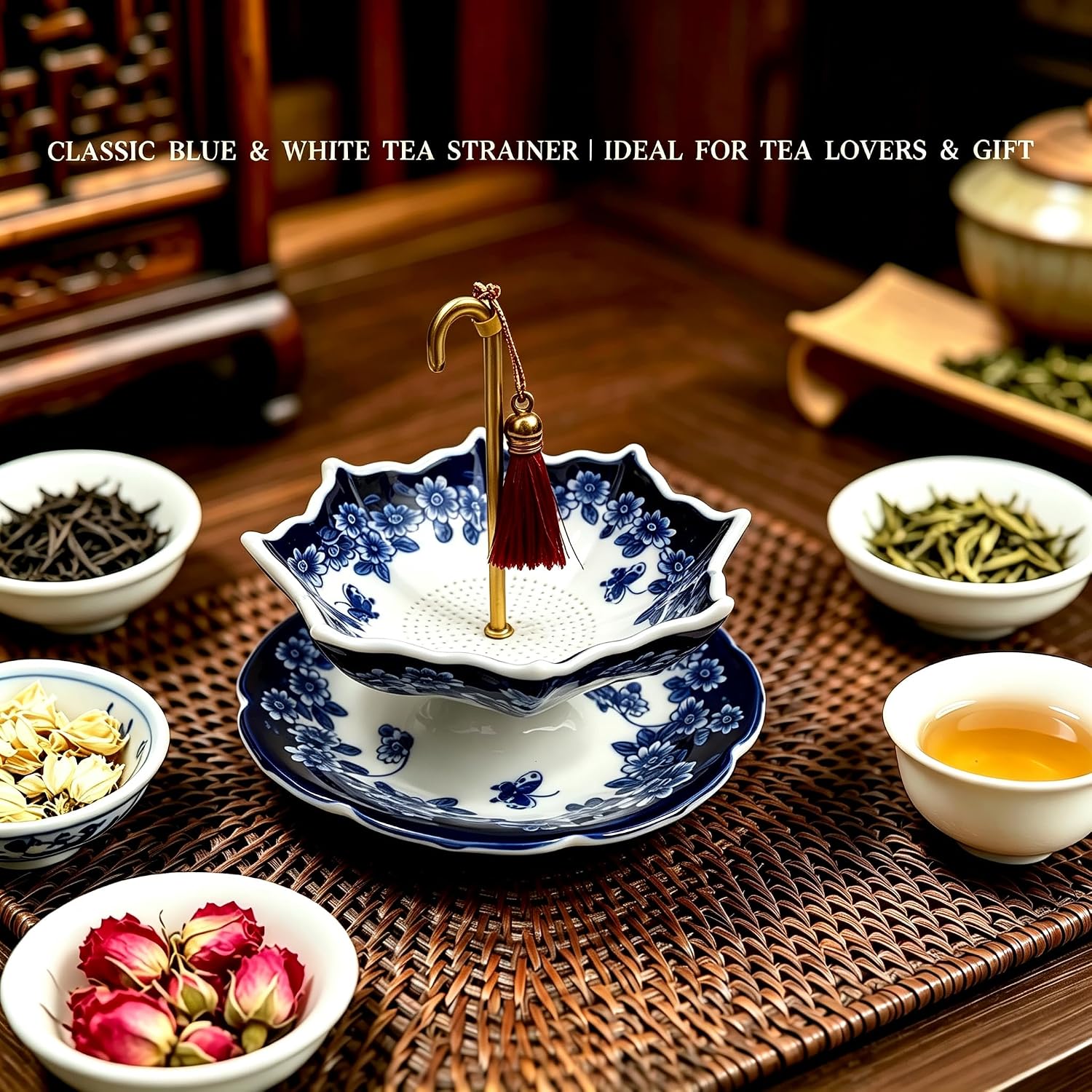 Ceramic Umbrella Tea Strainer, Blue & White Porcelain Loose Leaf Tea Infuser with Drip Tray, Chinese Kung Fu Tea Filter with Tassel for Coffee Brewing and Tea Table Decor (Blue)