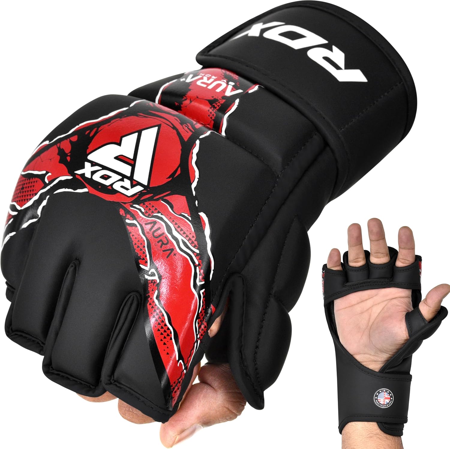 RDX Aura 2025 Grappling Gloves for MMA Training Sparring, Maya Hide Leather, High Density Foam Padding, Padded Thumb Protection, Hook and Loop Wrist Strap, Red Black