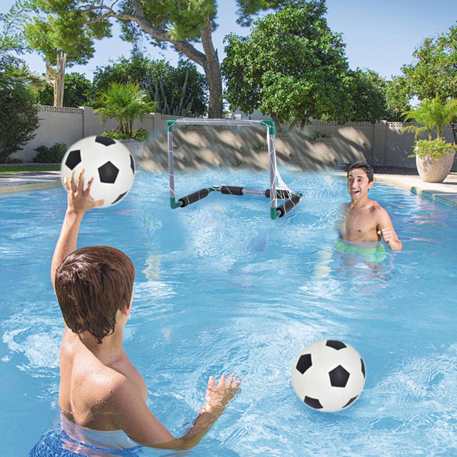 Juego de fútbol acuático, Piscina Flotante de enfriamiento de Verano, Incluye 2 porterías de Piscina, 2 Pelotas y 1 inflador, Juegos interactivos para Padres e Hijos para Adultos y Familia