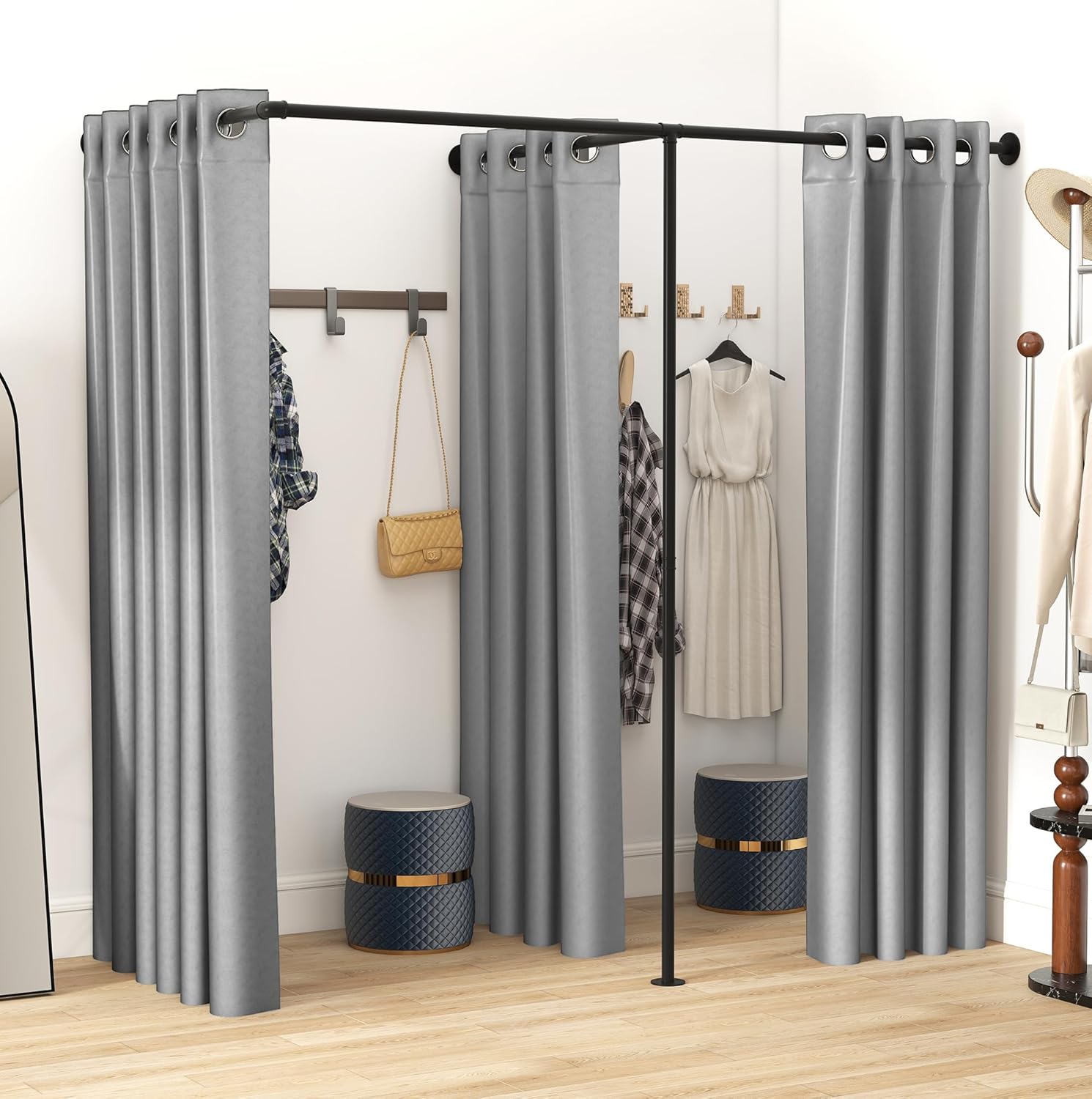 AIWFL Double Fitting Room Curtains for Boutique, F-Shape Large Double Dressing Room Divider with 3 Shading Curtains, Privacy Protection Clothing Store Changing Rooms Divider for Mall Office, gold