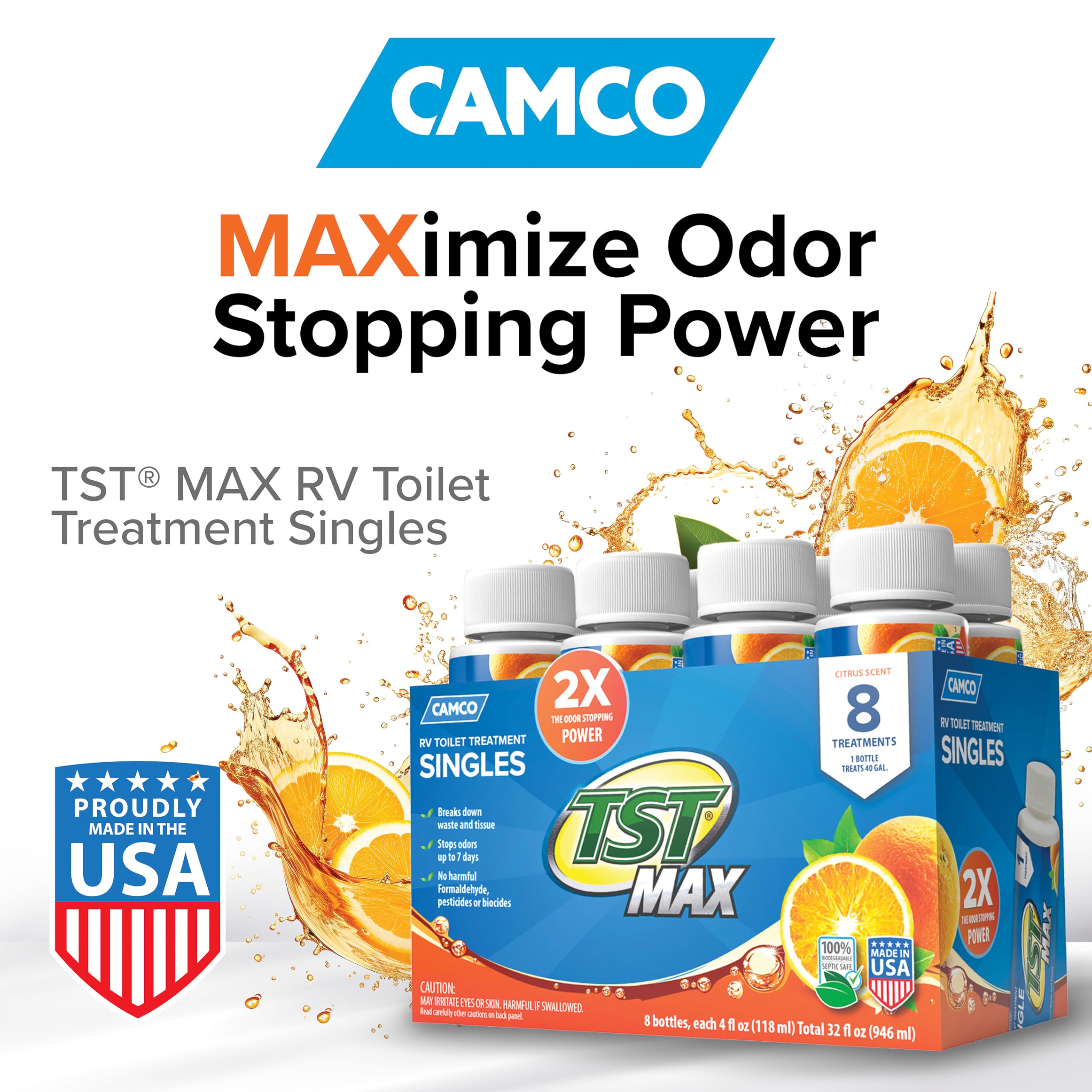 Camco TST MAX - Tratamiento de inodoro para caravana, sin formaldehído, descompone residuos y tejidos, seguro para tanque séptico, trata tanques de retención de hasta 8 a 40 galones, aroma naranja, (8
