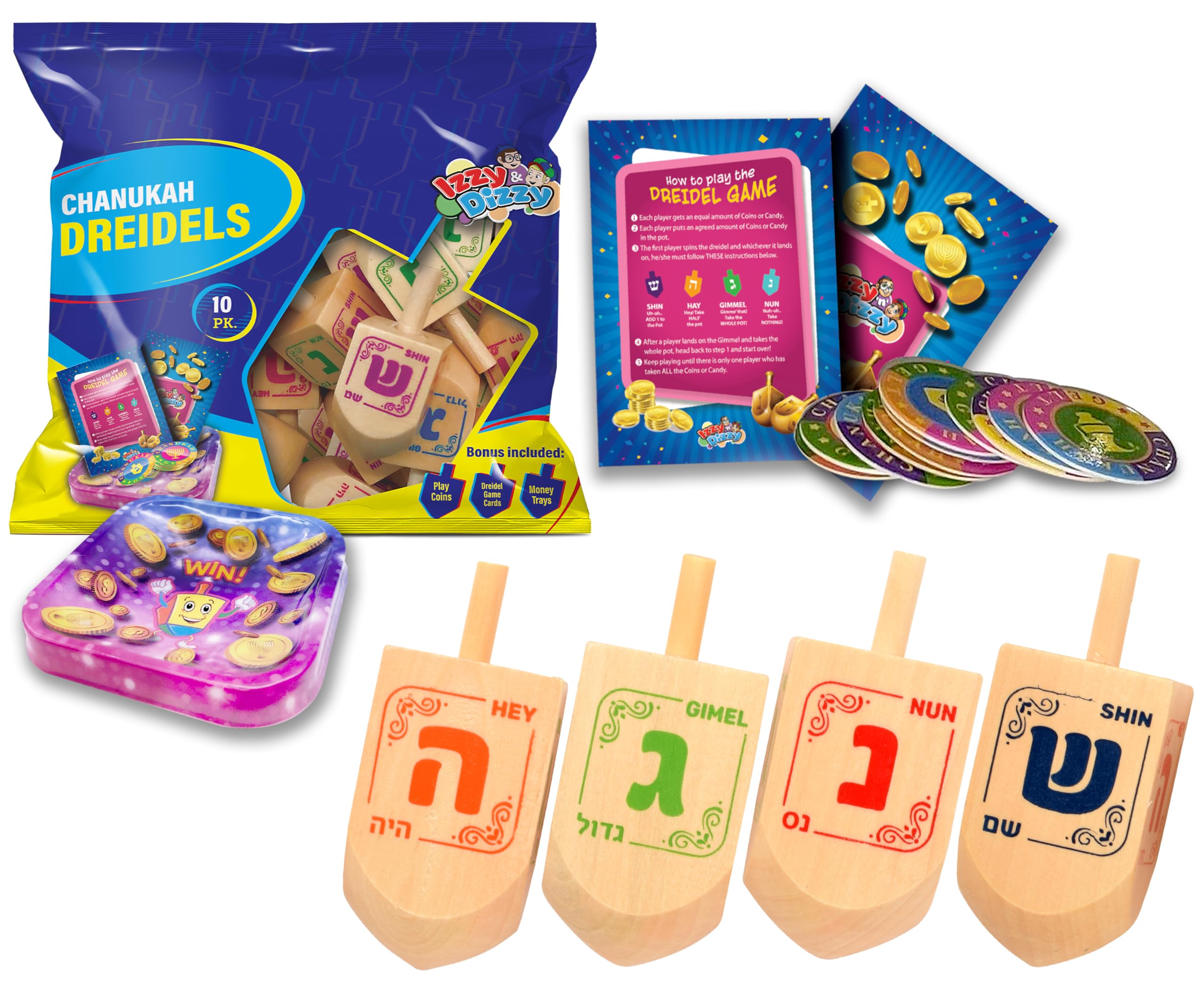 Izzy 'n' Dizzy Hanukkah Wooden Dreidel (Pack of 10) - Medium
