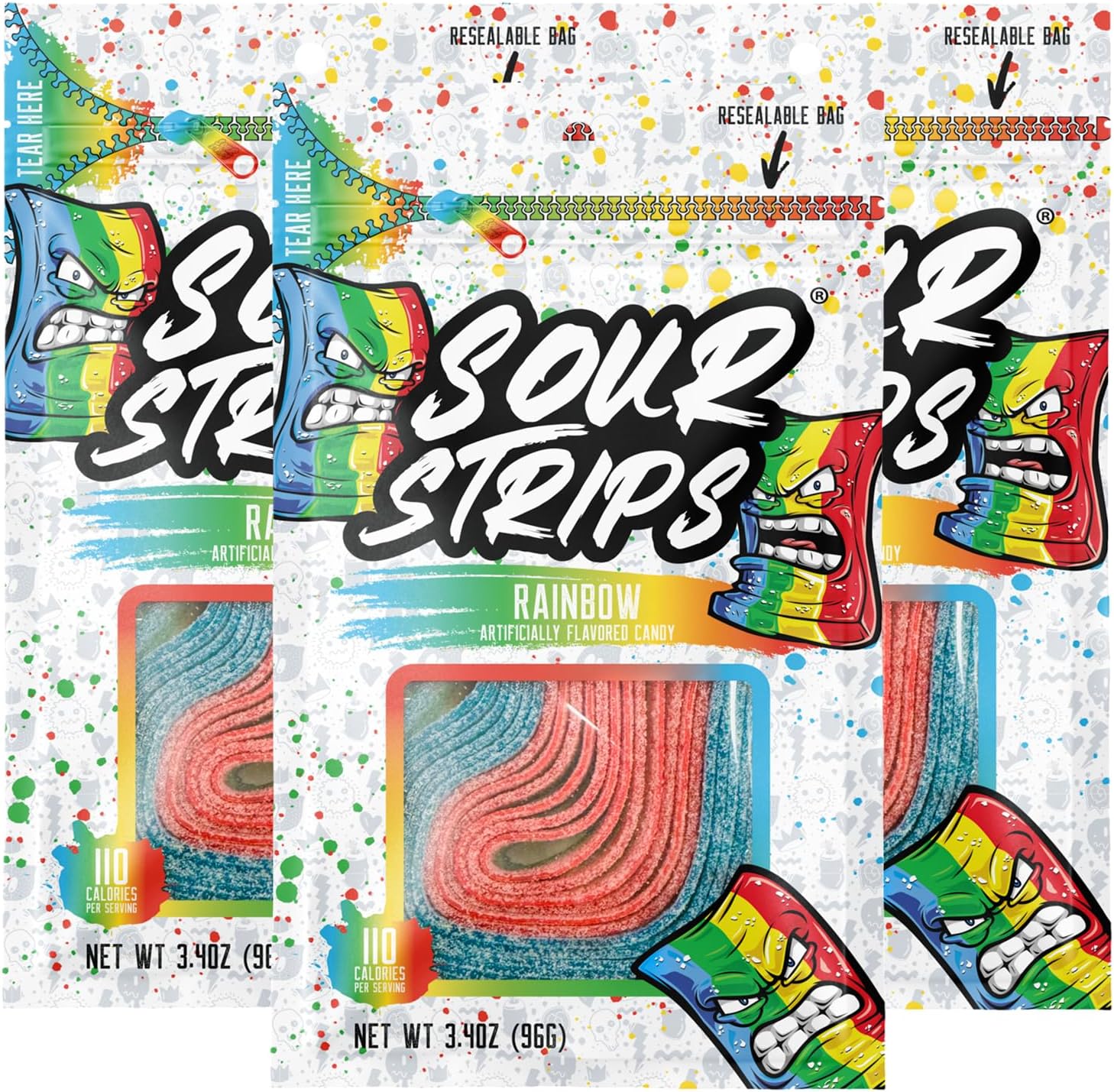 Sour Strips Sour Candy Belts, Rainbow, Resealable Candy Bags, 3.4 Ounce (Pack of 3)