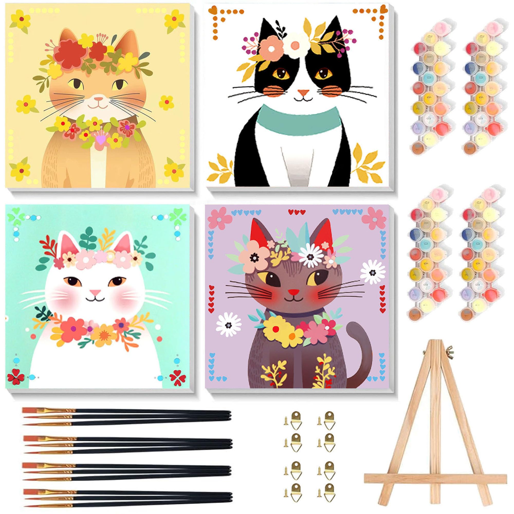 Pujeknm 4 Pack Cat Paint by Numbers for Children with Wooden Frame, Animal Paint by Numbers Kids Ages 6-8-12, DIY Painting by Number for Kids Acrylic Oil Canvas for Home Wall Decor (8X8 inch)