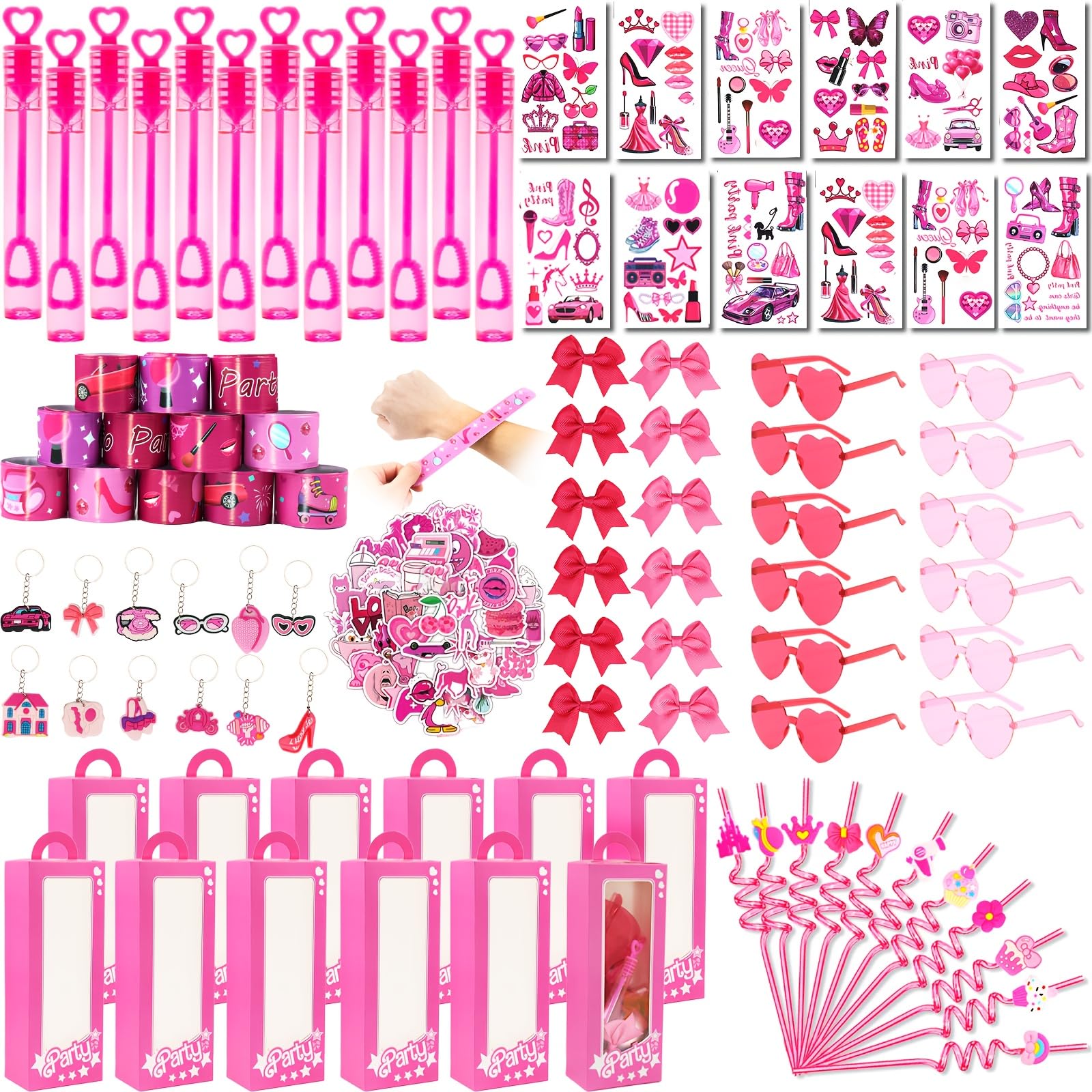 156PCS Pink Girls Party Favors - Little Girl's Birthday Supplies Set with Heart Glasses, Bubble Sticks, Bracelets, Stickers, and More – Ideal Goodie