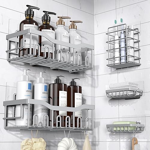 5-Pack Rustproof Stainless Steel Shower Caddy – No Drill Adhesive