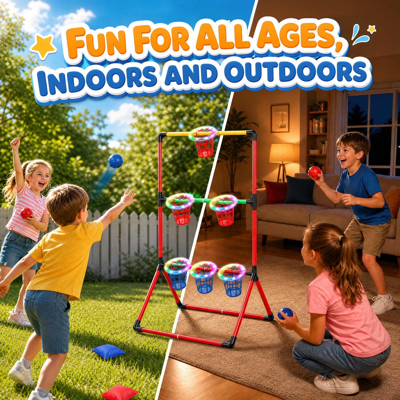 Jeux Jardin, Garden Pong 3-en-1 avec 6 Paniers Lumineux 6 Balles Garden Pong 6 Sacs Lancer Jeu Lancer Jeu Sportif pour Intérieur et Extérieur pour Les Réunions Famille