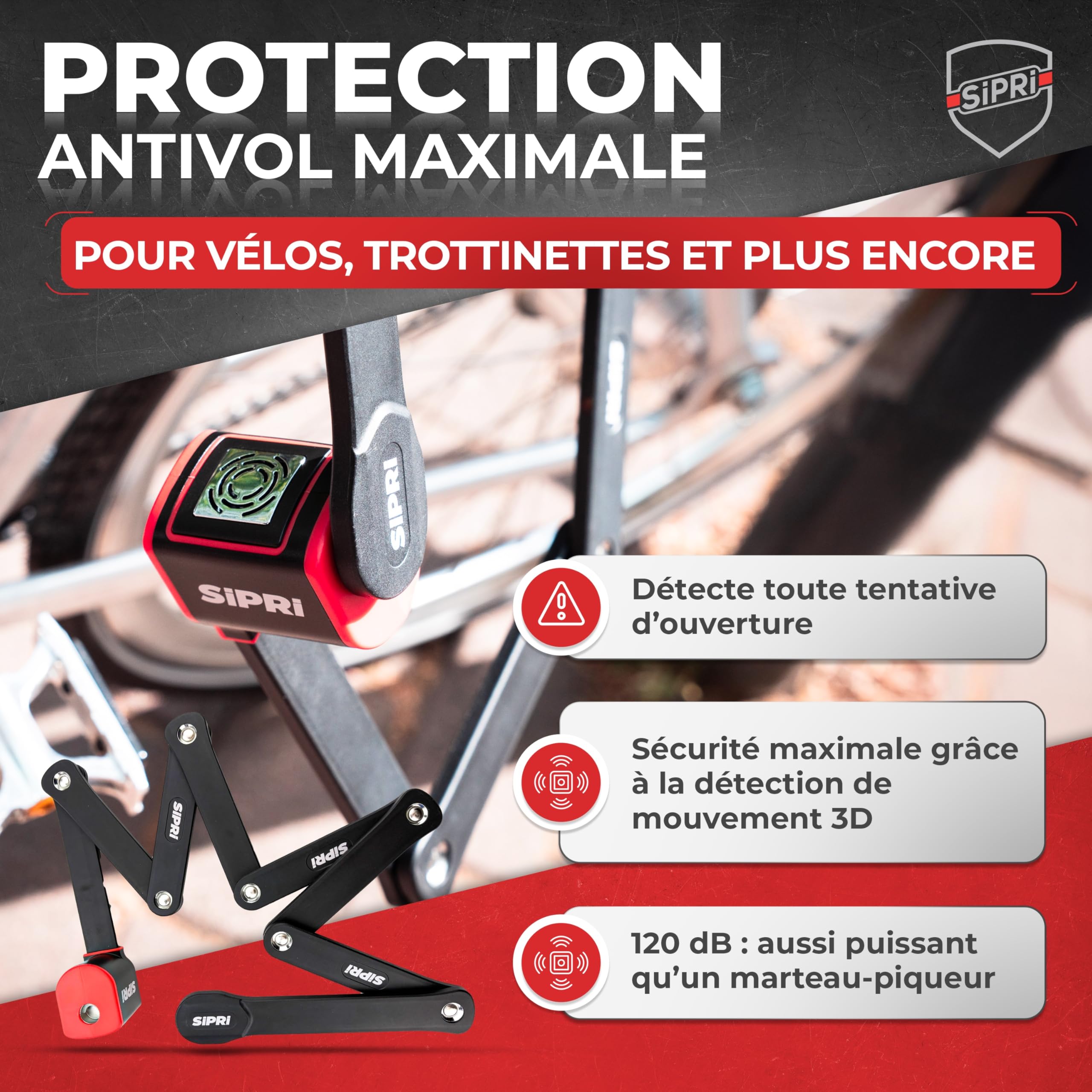 SIPRI Antivol pliable pour vélo, avec alarme, 120 dB, haute sécurité | vélo électrique, scooter électrique, moto, acier 8 mm, 116 cm, résistant aux intempéries, robuste, clé