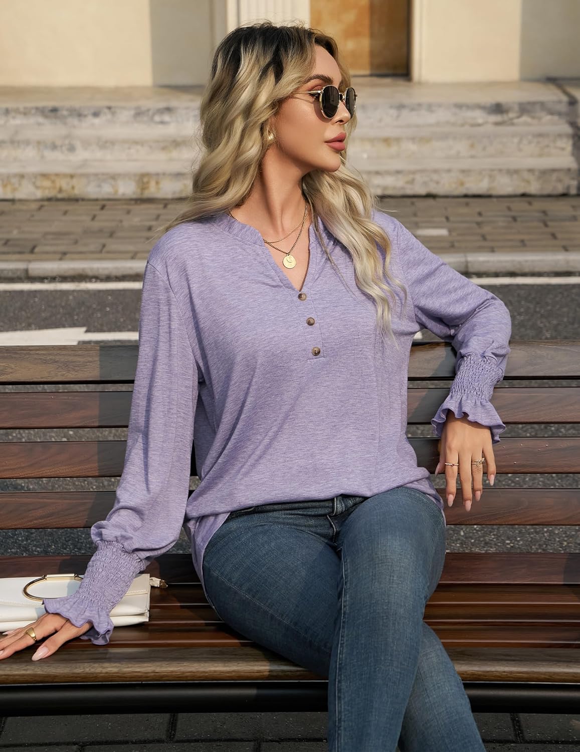 Long Sleeve Shirts for Women Business Casual Outfits Dressy Tops Fall Fashion Henley Blouses Work Outfits Clothes - Image 3