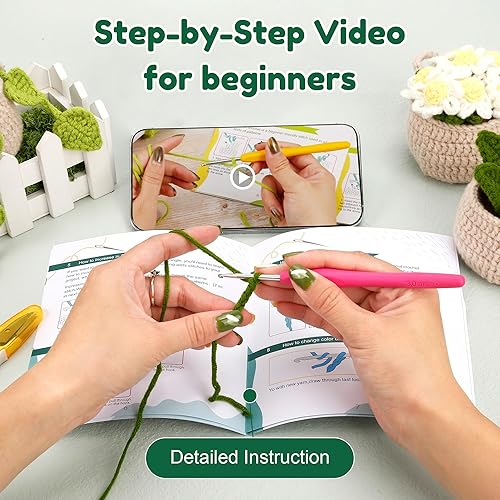 Miniatura 6 de Karsspor Kit de ganchillo para principiantes para adultos, 6 piezas de plantas colgantes en maceta, kit de inicio de ganchillo con instrucciones