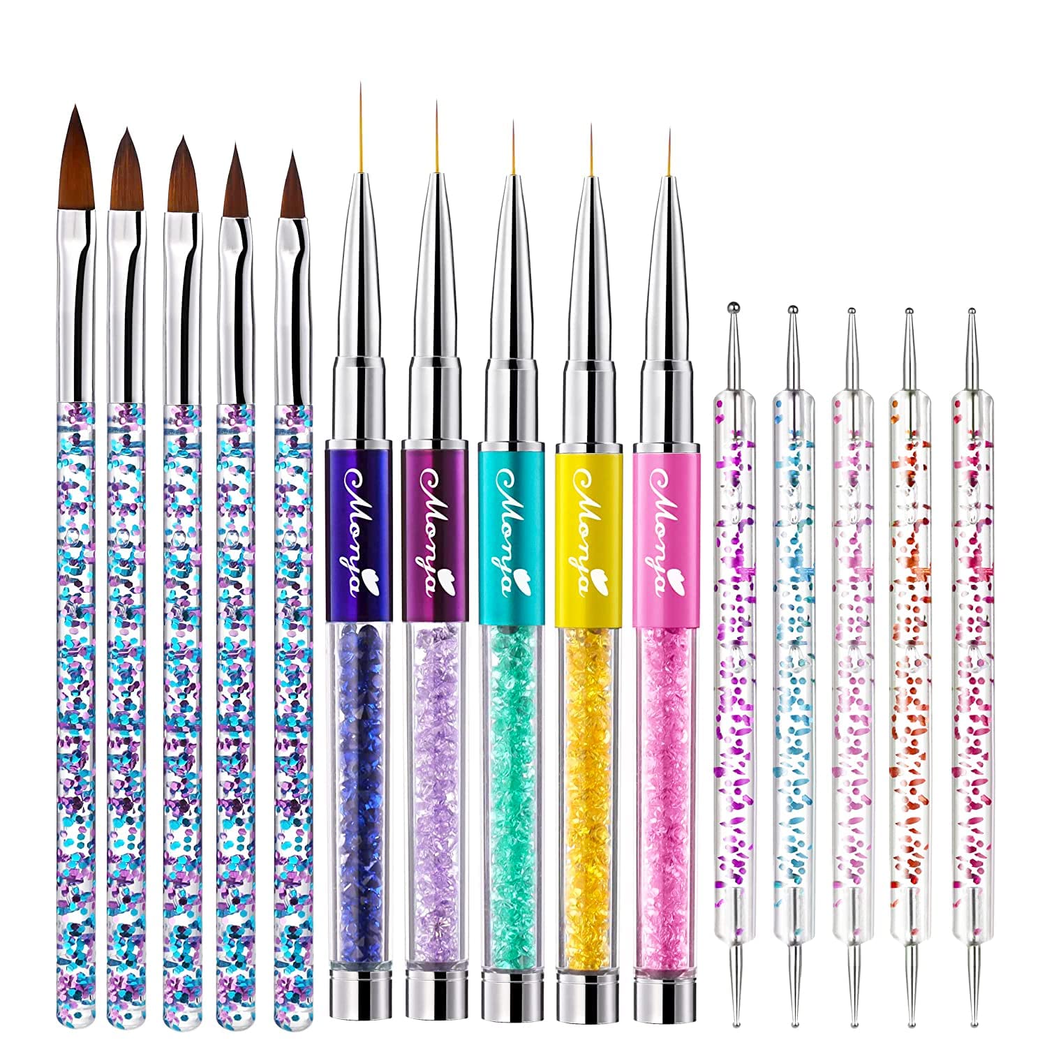 Monja Nail Art Brushes 15pcs Acrylic Gel Polish Liner Dotting Pens Set Rhinestone Handle Manicure Design Beauty Tools
