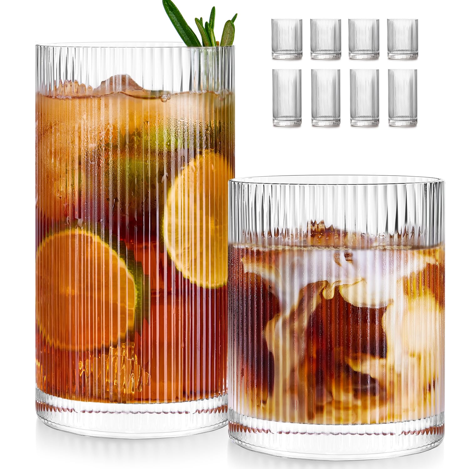 Ribbed Glass Cups Set of 8 - 4 Large Capacity Highball Glasses 17oz 4 Rocks Glass Cups 12oz