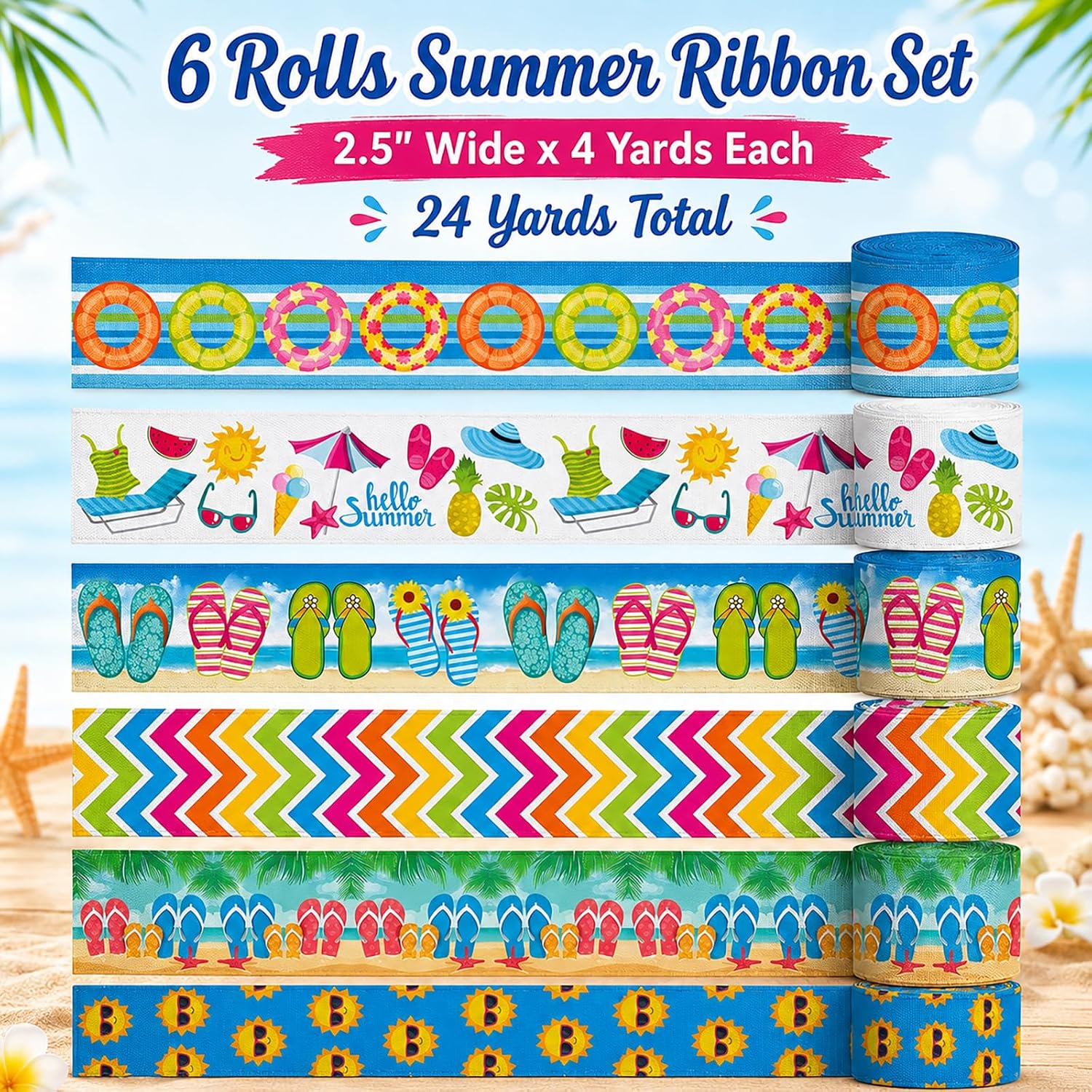 6 Rolls Summer Wired Edge Ribbons, 24 Yards 2.5 in Flip Flop Sunshine Stripe Patterns Gift Wrapping Ribbon for Beach Themed DIY Crafts Bow Wreath Summer Party Decorations