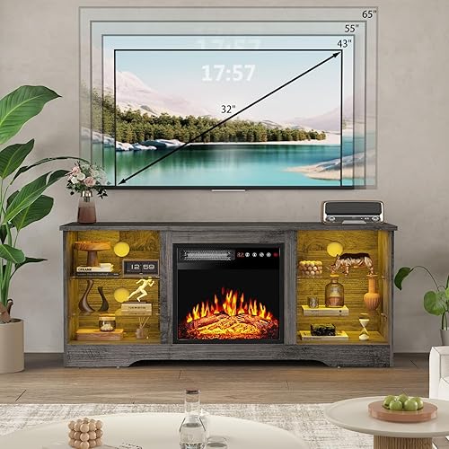 Miniatura 7 de Fireplace TV Stand with 18" Fireplace Up to 65" TVs, 58" Entertainment Center with LED Lights, TV Media Console with Adjustable Glass Shelves and