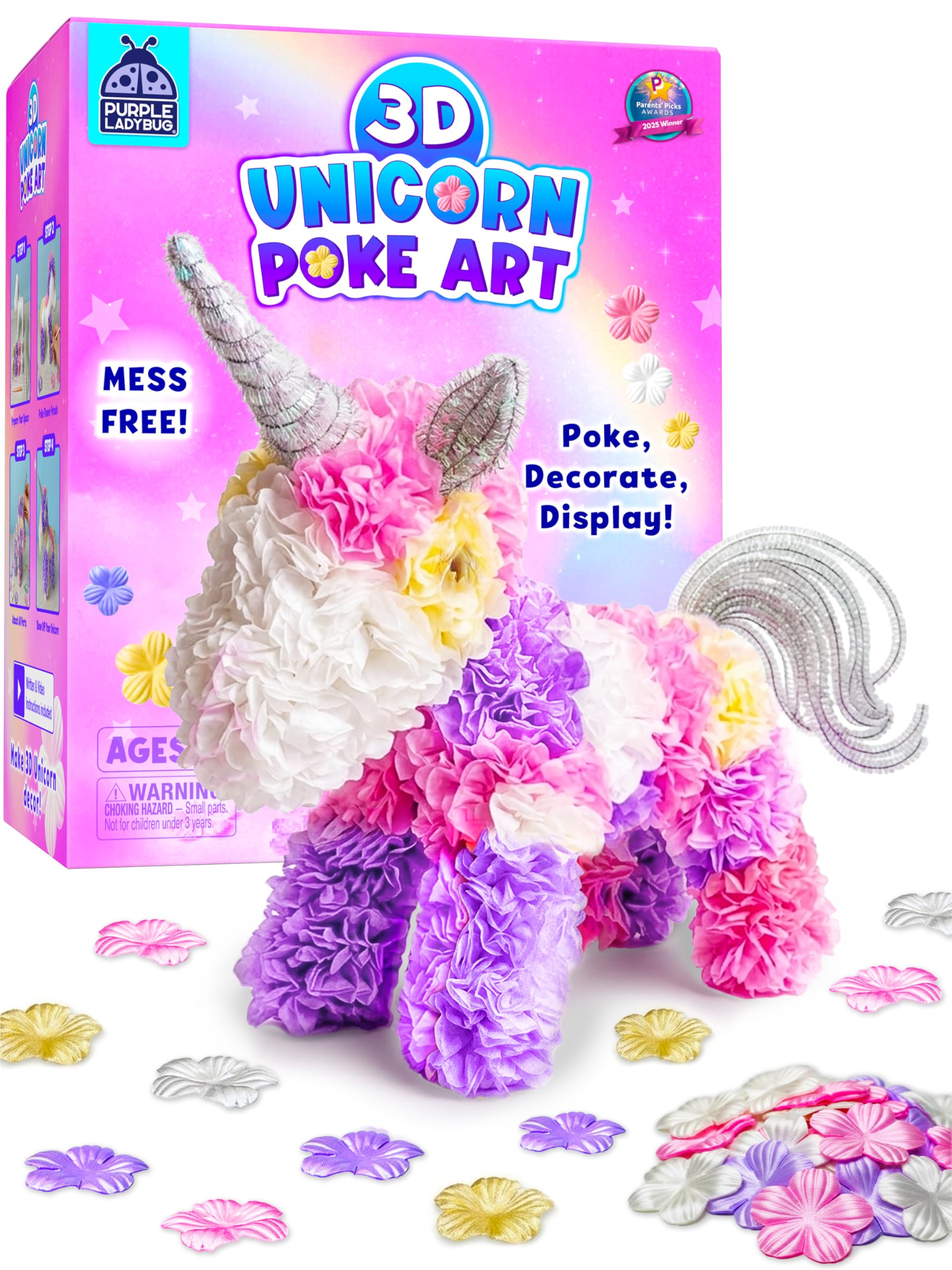 PURPLE LADYBUG Unicorn Poke Art Kit - 3D DIY Foam Figurine Craft Set, Mess-Free Floral Decorating Toy, Creative Art Activity for Kids Ages 4-10 - Giftable Craft Kit for Girls
