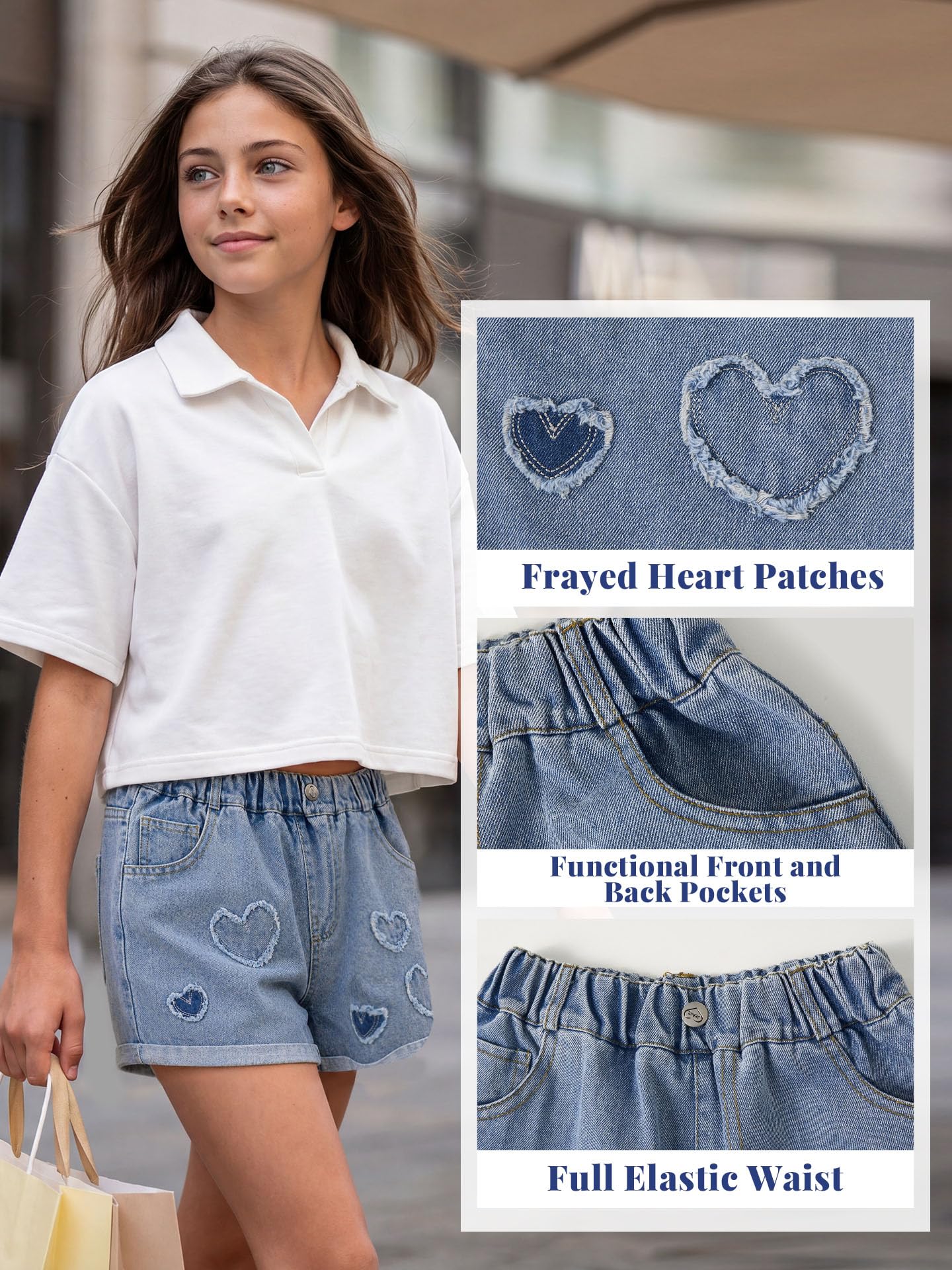 Rolanko Pantaloncini in jeans da bambina a gamba larga larghi in denim con elastico in vita pantaloncini estivi con tasca 6-14 anni